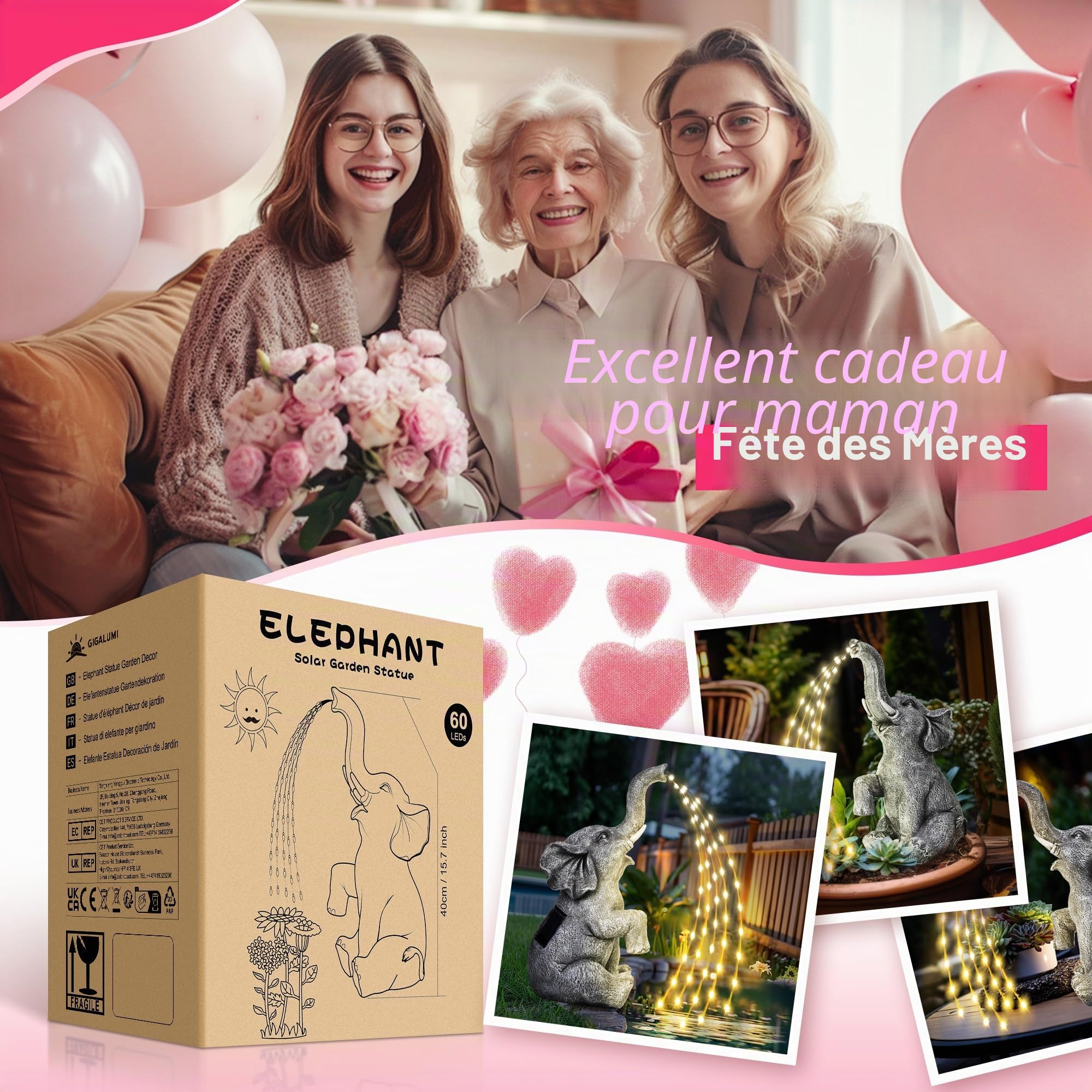 GIGALUMI Statue d'éléphant améliorée - Décoration de Jardin - Figurine d'éléphant à énergie Solaire - Cadeau pour Maman, Cadeau d'anniversaire pour Femme, décoration d'éléphant pour terrasse (27 cm)