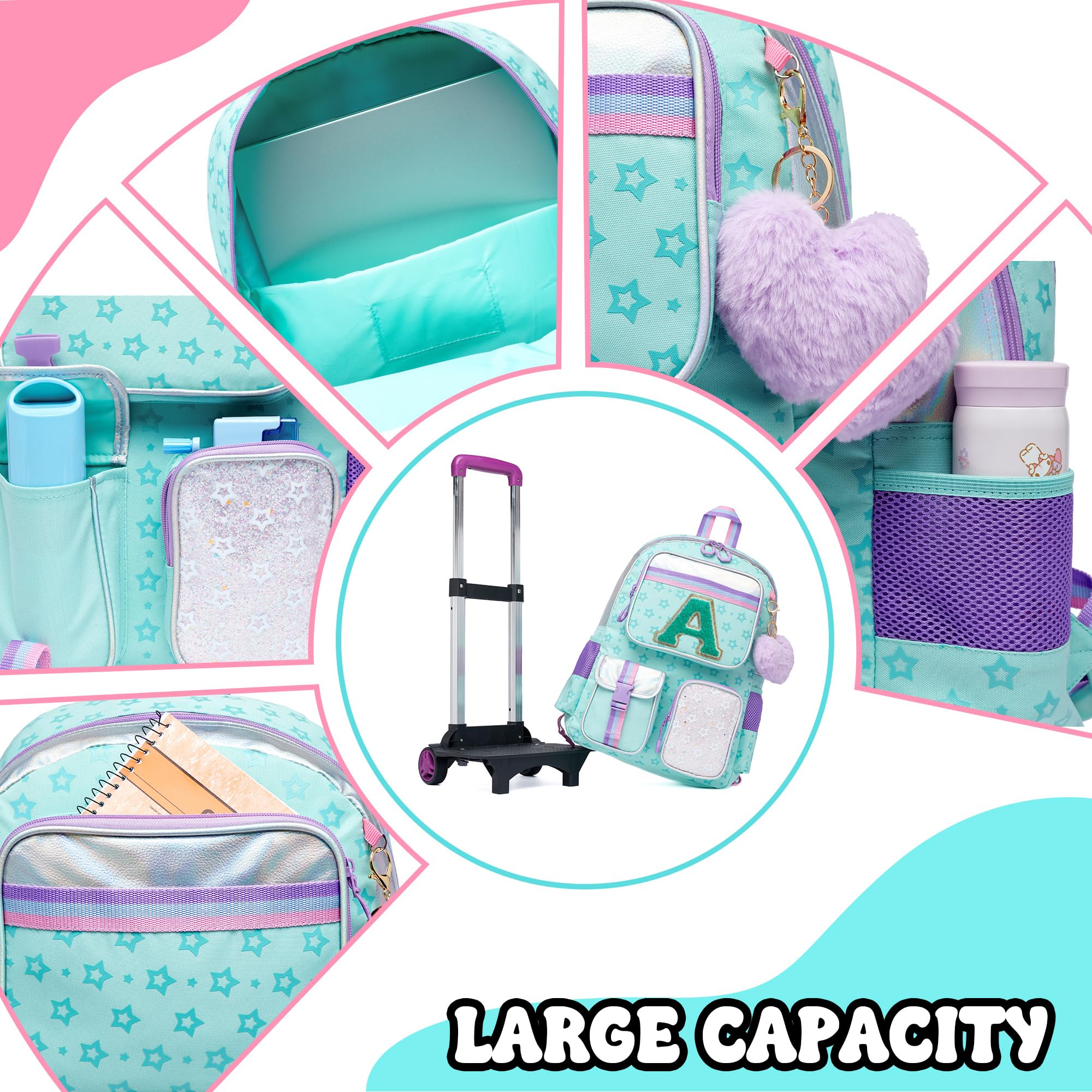 HTgroce Zaino Trolley Scuola Elementare Bambina con Lettera A – Set 3 Pezzi con Borsa per la Merenda e Astuccio – Zainetto con Ruote 2-in-1 Ergonomico per Scuola e Viaggio