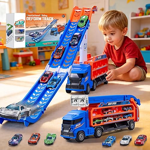 Race Track Truck Toy for Kids Age 3-6 - 4-in-1 Car Carrier Truck with 2 Foldable