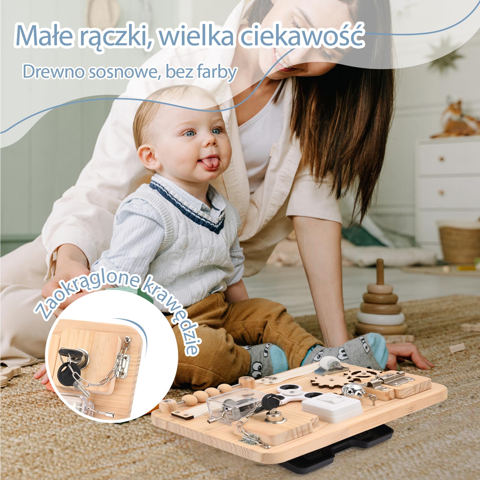 Tablica manipulacyjna Montessori z drewna – zabawka sensoryczna i motoryczna dla dzieci, idealna w podróży – prezent na urodziny, rozpoczęcie szkoły, dla dzieci z autyzmem i ADHD