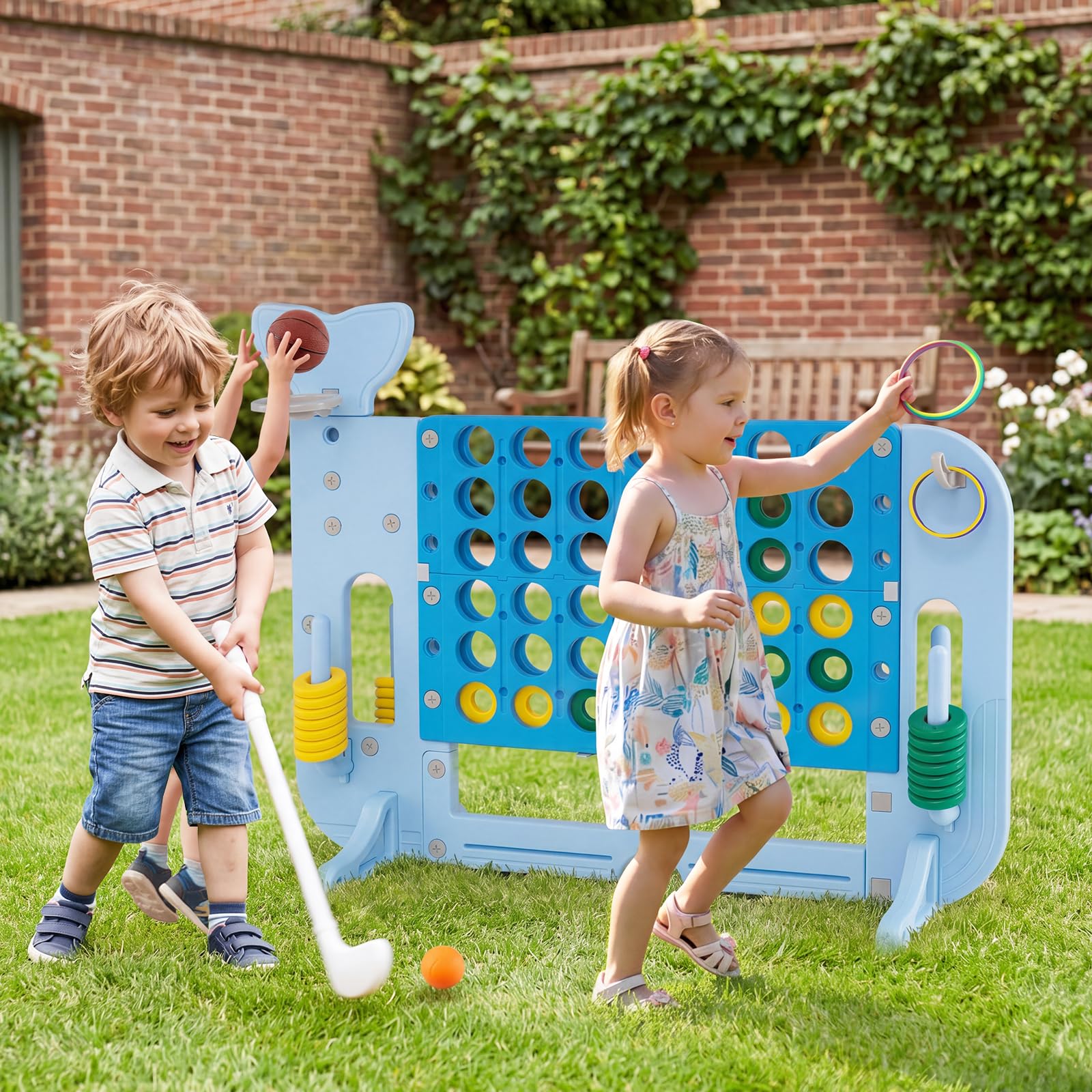 COSTWAY Forza 4 Gigante, Gioco 4 in Linea per Bambini con Altezza Regolabile, 42 Pedine, Palla da Basket, 2 Palline da Golf, Mazza da Golf, 3 Anelli e 2 Portabicchieri (Azzurro)