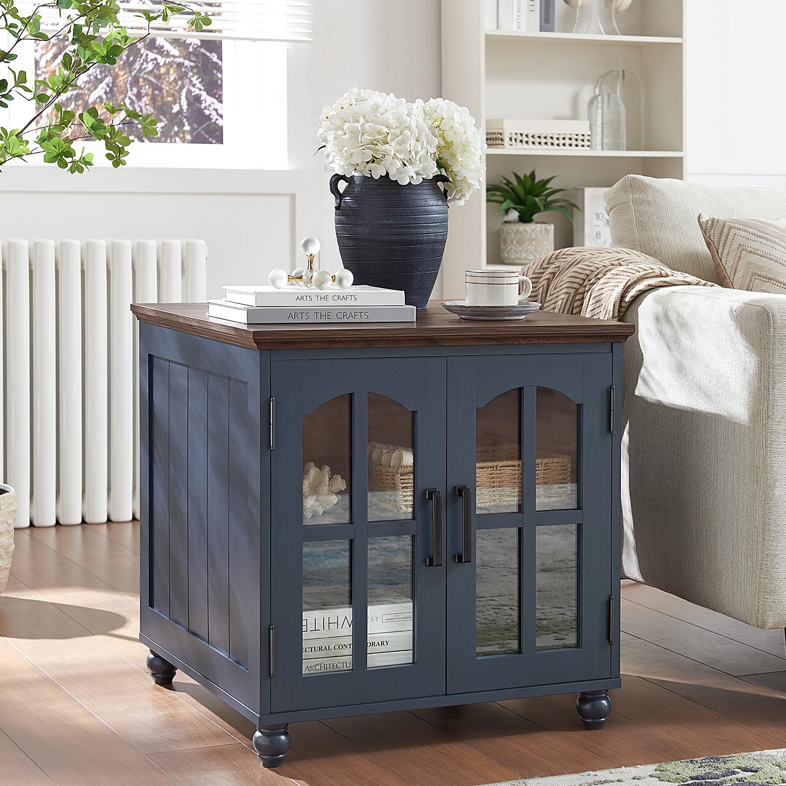 Farmhouse End Table with Charging Station,24" Large Sofa Side Table with Glass Barn Door,Rustic Wood Night Stand with Adjustable Storage Shelf,Square Bedside Table for Living Room,Bedroom Office