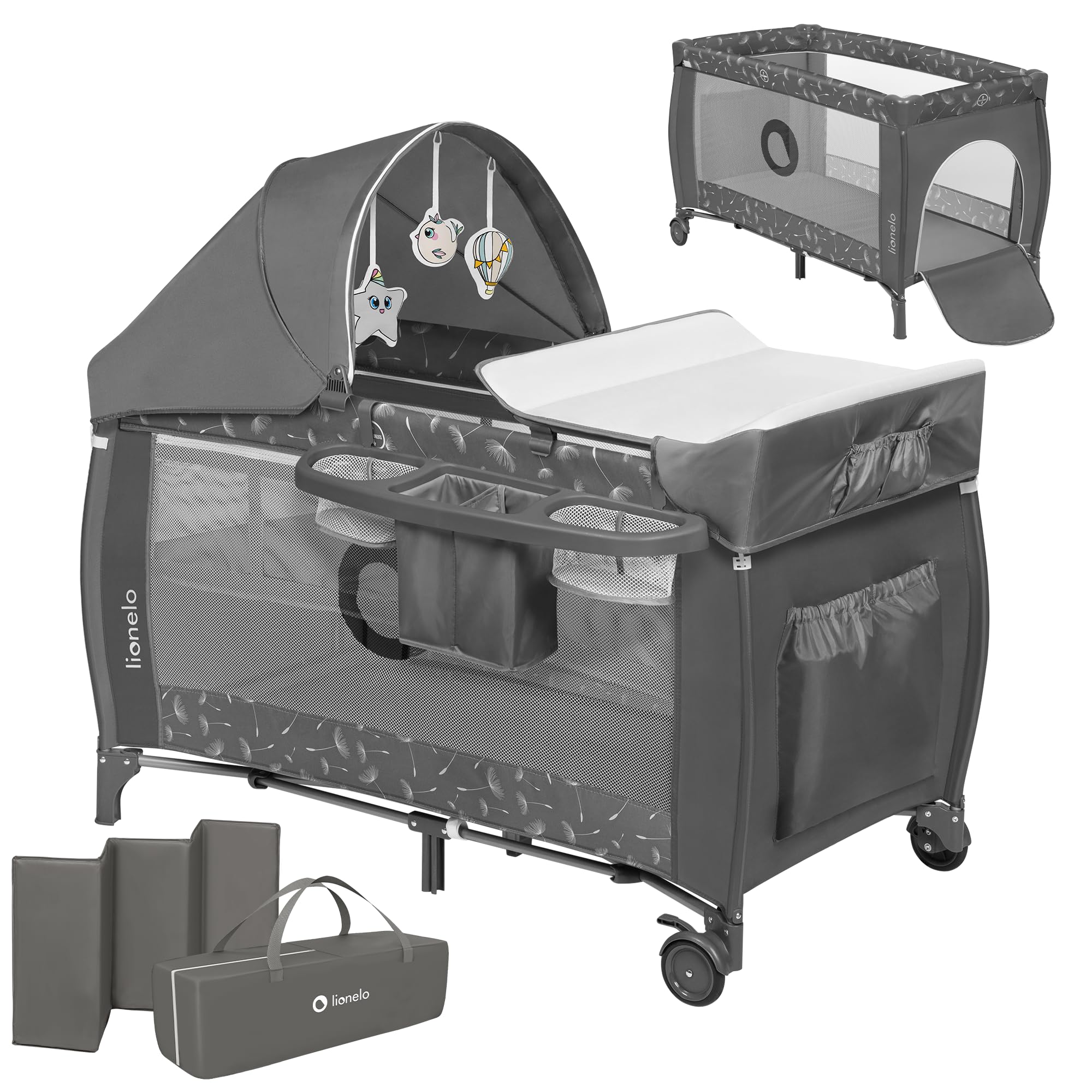 Lionelo Sven Plus 4 in 1 Baby Bett Baby ab Geburt bis 15 kg Wickelauflage Moskitonetz luftige Seitenwände mit Seiteneingang Tragetasche zusammenklappbar