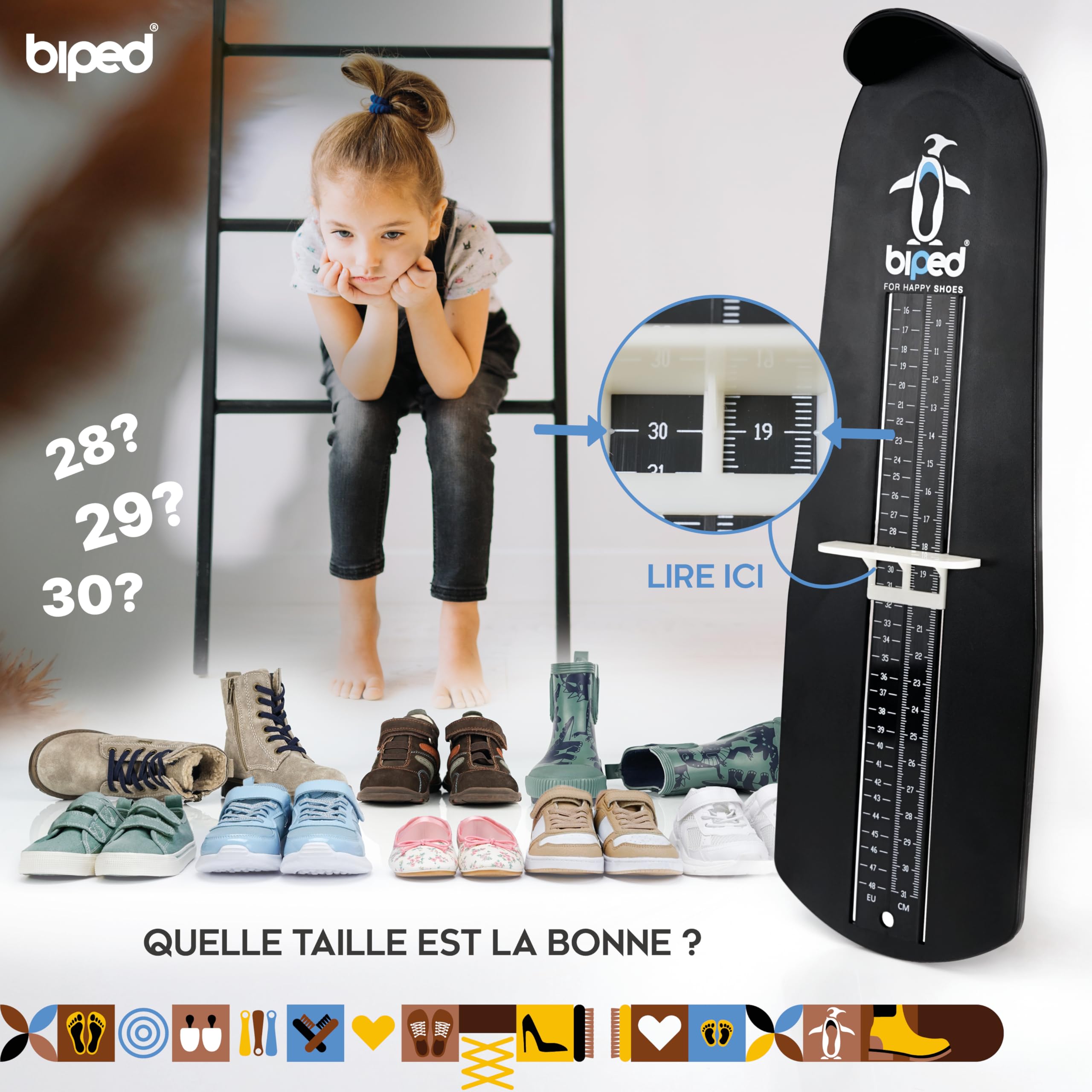 biped Appareil de mesure des pieds pour enfants et adultes – Échelle en cm incluse – Mesure-pointure pour chaussures tailles EU 15 à 48 – Pour femmes, hommes et enfants z2933