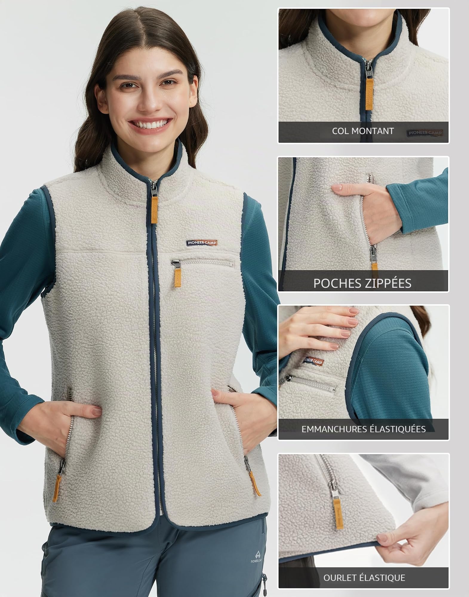 Pioneer Camp Gilet polaire sans manches pour femme - Gilet en fourrure de peluche super chaud avec col montant et fermeture éclair pour l'automne, la randonnée, le ski