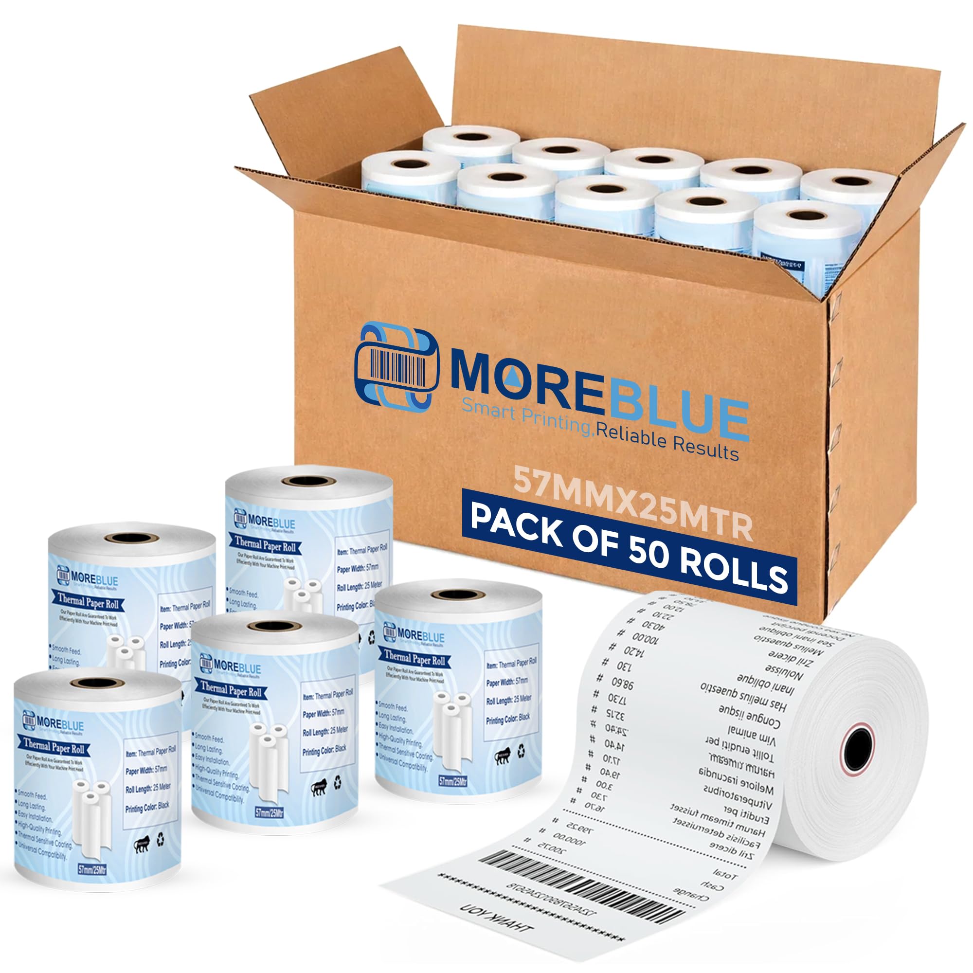 MOREBLUE® 58mm(2 inch) x 25 Meter Thermal Receipt Paper Roll, BPA-Free,Print for POS, Credit Card Machines, Cash Registers (Pack of 50)