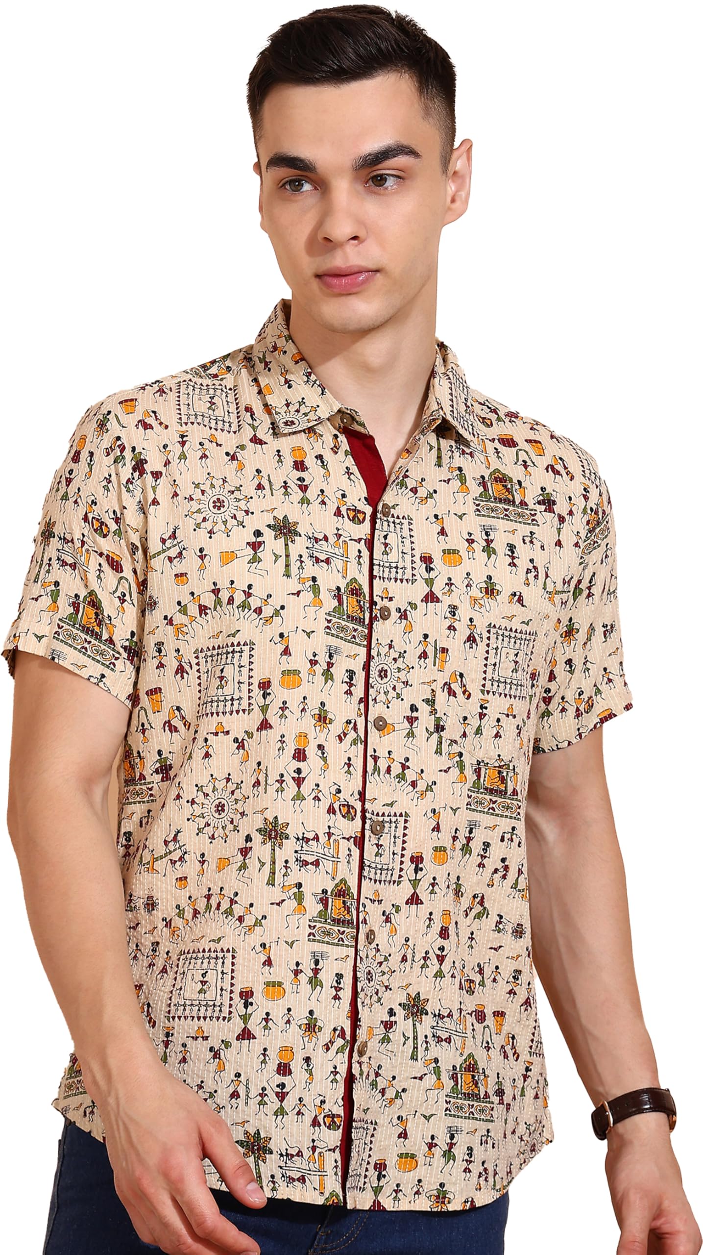 Men's Cotton Warli Print Shirt Collar Regular Shirt