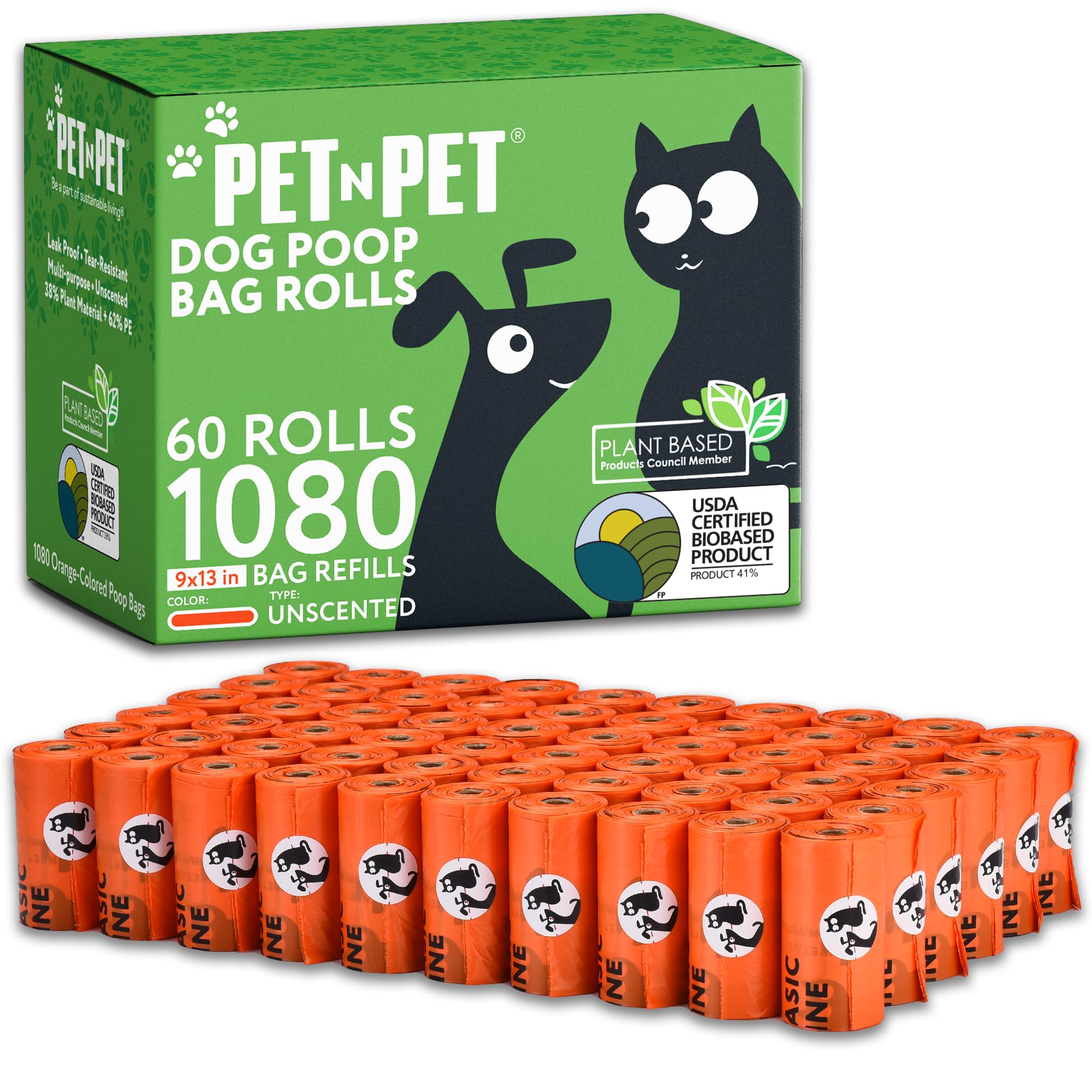 PET N PET 1080 Count Biodegradable Poo Bags Dogs USDA Certified 41 percent Biobased 72 Thick Dog Poop Bags Rolls 9x13 Leak-Proof Orange UnscentedPET N PET 1080 Count Biodegradable Poo Bags D…