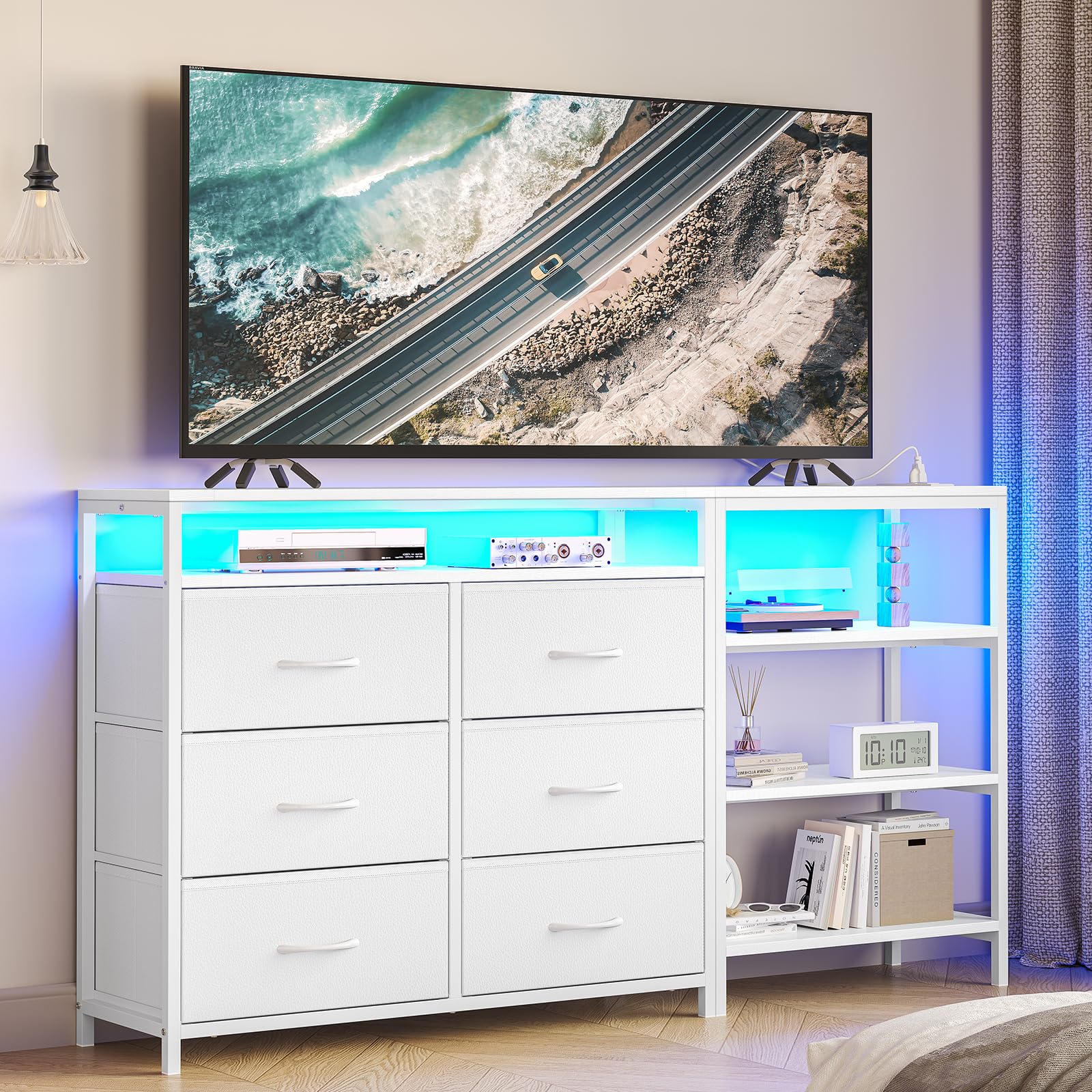 BTHFST TV Stand for Bedroom with Power Outlets and LED Lights, TV Stand Dresser for 60 Inch TV, Changable L Shape TV Stand Dresser, TV Console with Open Shelf, 53.5 Inches Wide White Dresser, PU