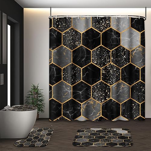Marble Shower Curtain Set with Toilet Lid Cover and Non-Slip Rugs, Black Gold Hexagon Geometric 4 Pcs Shower Curtain with 12 Hooks, Modern Abstract Bathroom Set with Rugs and Accessories