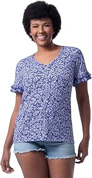 Lee Women's Cotton Ruffle Short Sleeve V-Neck T-Shirt, Blue