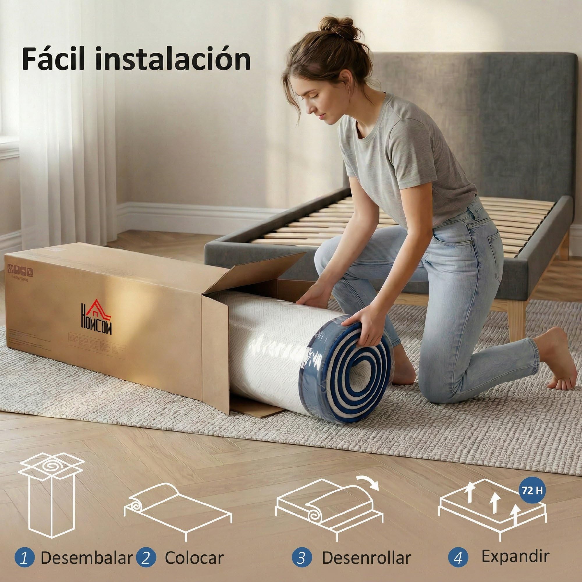 HOMCOM Colchón 190x135 cm, Grosor 20 cm, Viscoelástico, Firmeza Media | Té Verde, Cama Refrescante, Espuma de Gel, Funda Lavable, Certificado Oeko-Tex, Enrollable en Caja