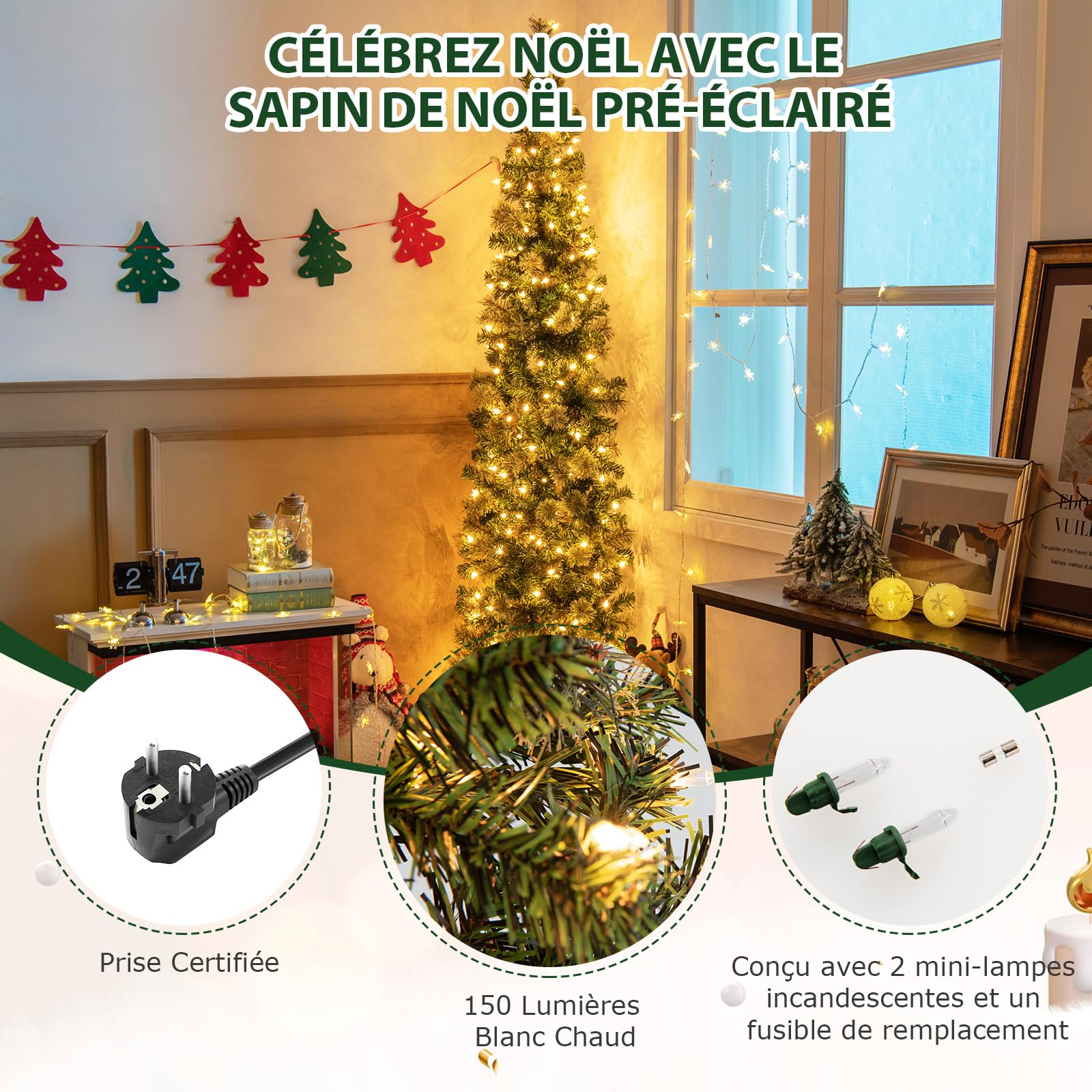 GYMAX Sapin de Noël Artificiel Mince Lumineux 210 CM, Arbre de Noël de 2 Pièces, avec Support en Métal, Aiguilles de Pin, 403 Branches, 150 Lumières LED Blanc Chaud, Décoration de Fêtes