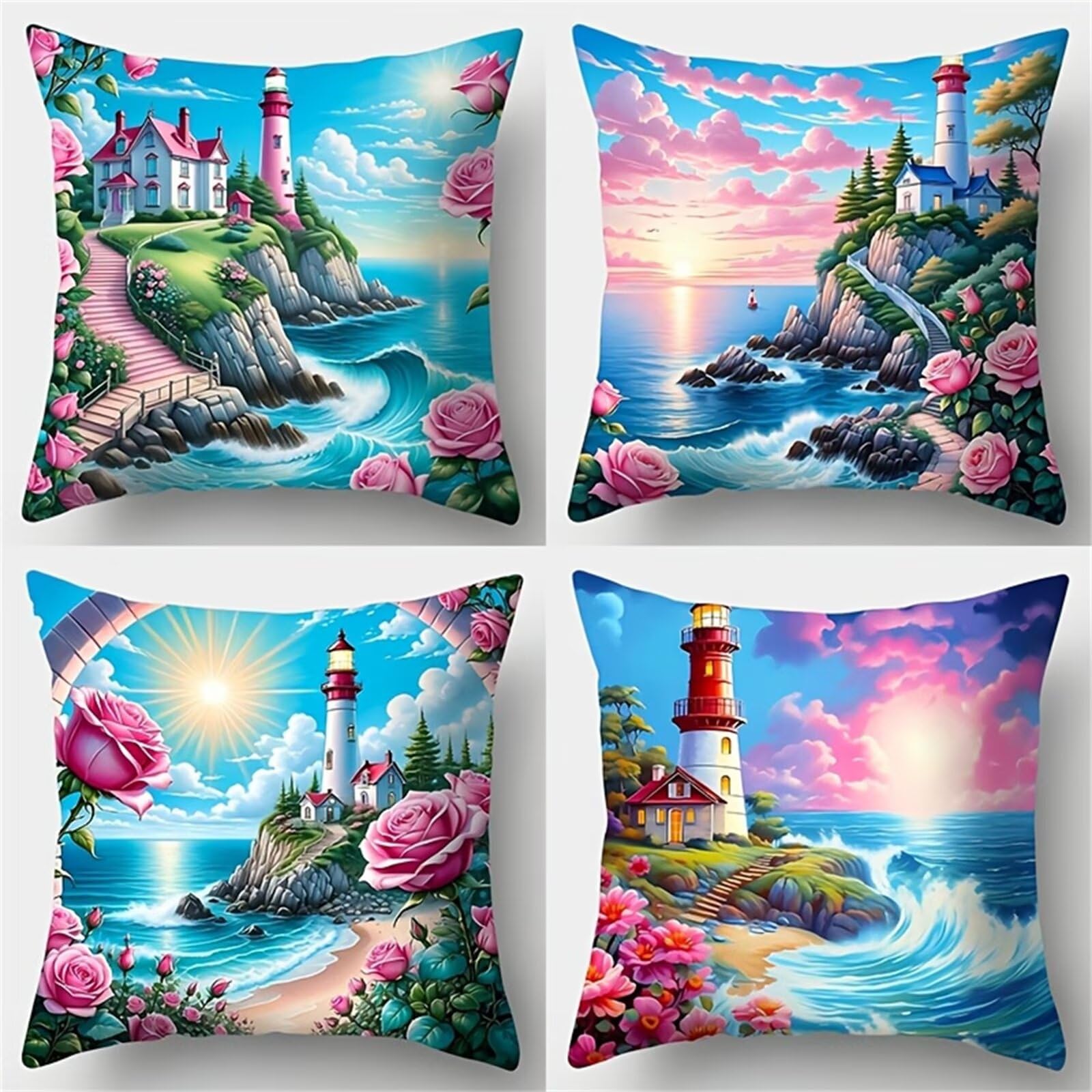 Heaen Outdoor Cushions Covers Waterproof 35x35 cm Set of 4 Square Linen Pillow Cases Lighthouse Scenery Decorative Dushions for Sofa Porch Patio Home Decor