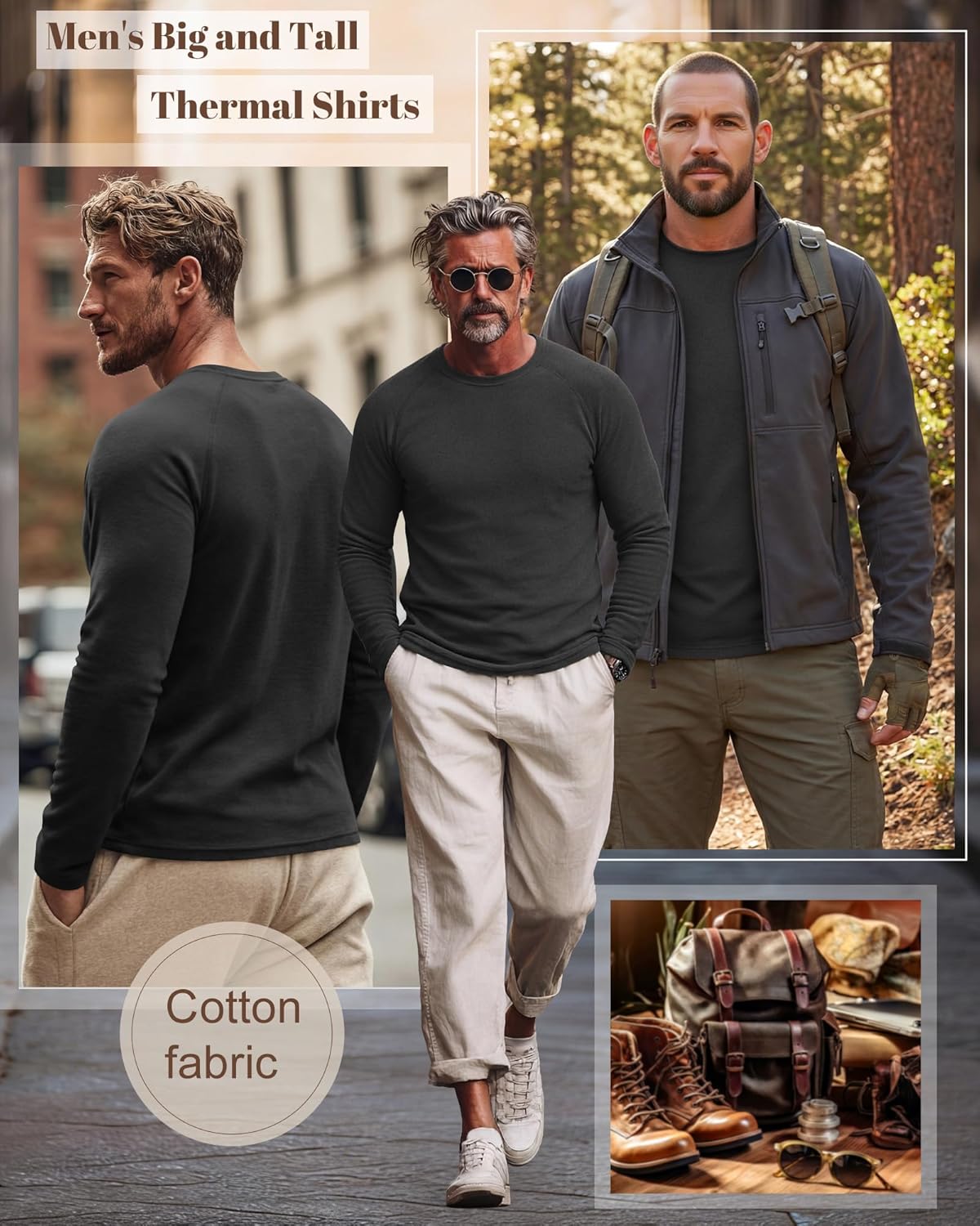 3 Pack Men's Big and Tall Thermal Shirts, Long Sleeve Fleece Crewneck Warm Layer Tops Casual Raglan Sleeve Basic Tee