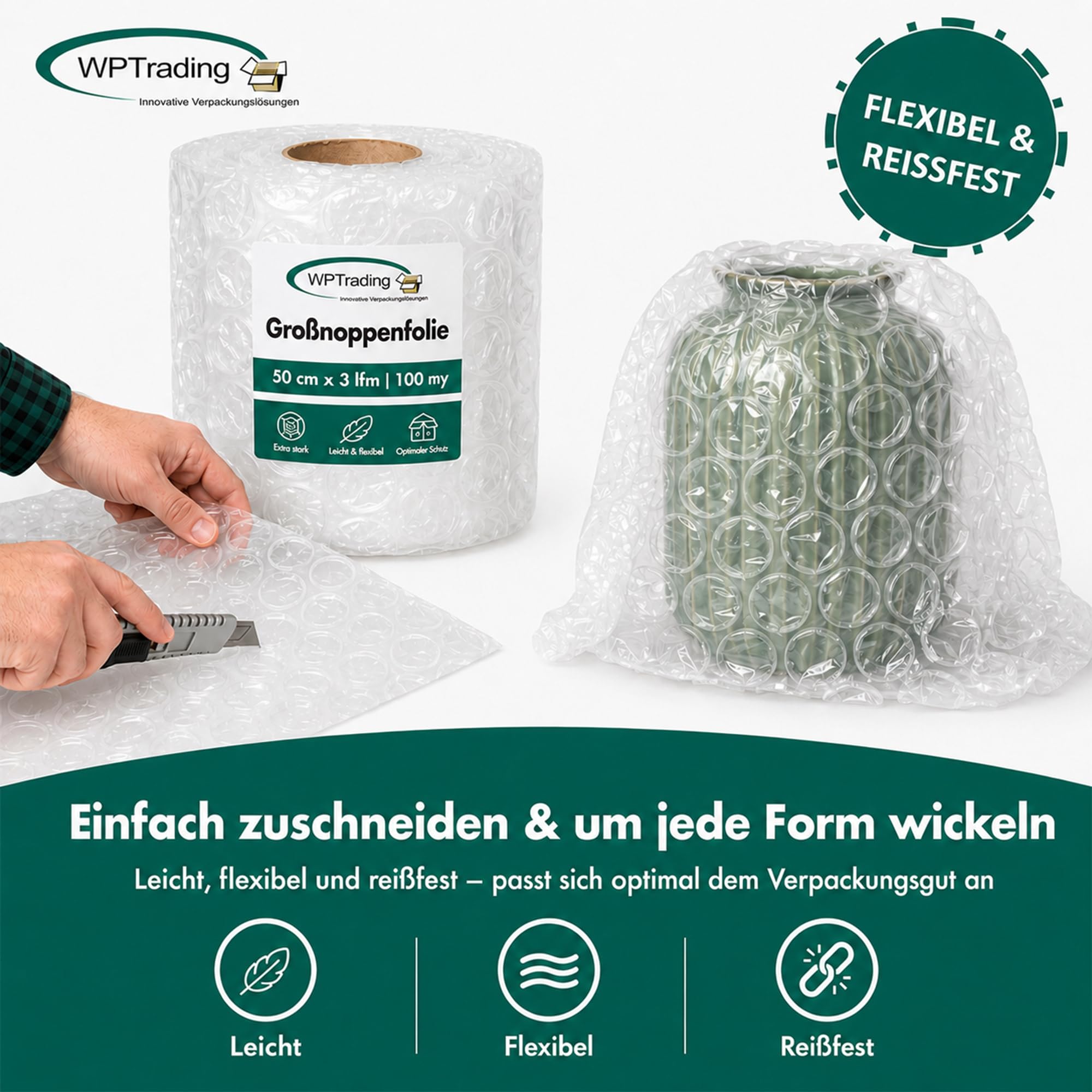 8 x Rolle Großnoppenfolie 50 cm x 3 m (2-lagige mit 100 my) - Noppenfolie 50cm breit mit Noppenhöhe 12 mm - Extra Stoßdämpfende Luftpolster- & Verpackungsfolie reißfest Versand & Umzug
