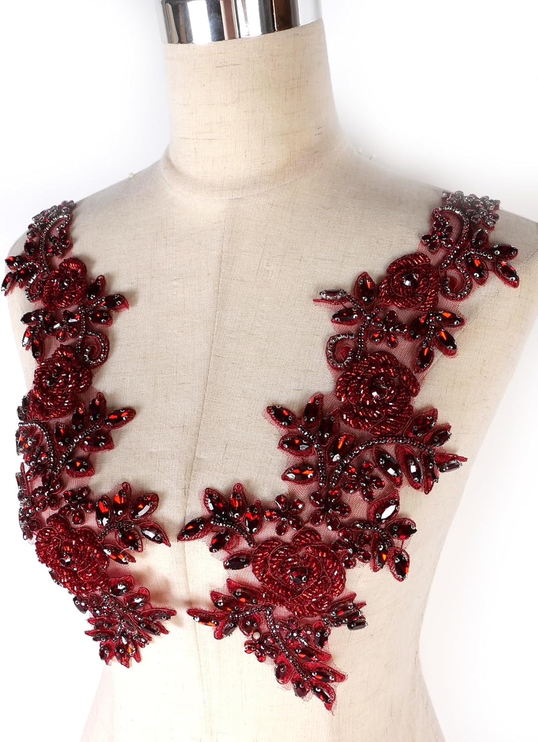 Beaded Rose Flowers &Leaves Rhinestone Pair Applique in Silver White AB Color Black for Prom Dress Belt Arts Crafts Sewing decorat (Wine)