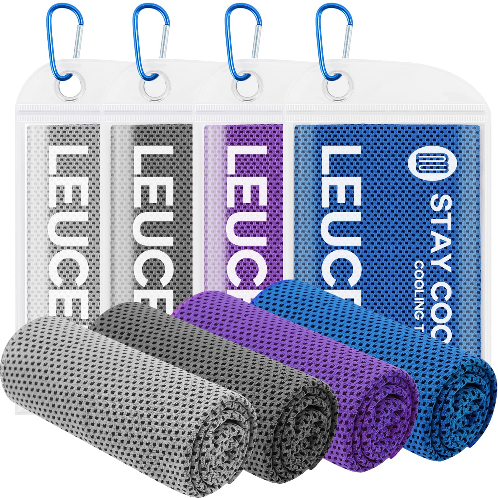 Leuceiy 4 Pack Cooling Towels, Microfiber Chilly Ice Towels for Neck and Face, Hot Weather Soft Towel for Yoga, Sport, Running, Gym, Golf, Camping, Fitness, Workout, Travel, Climb