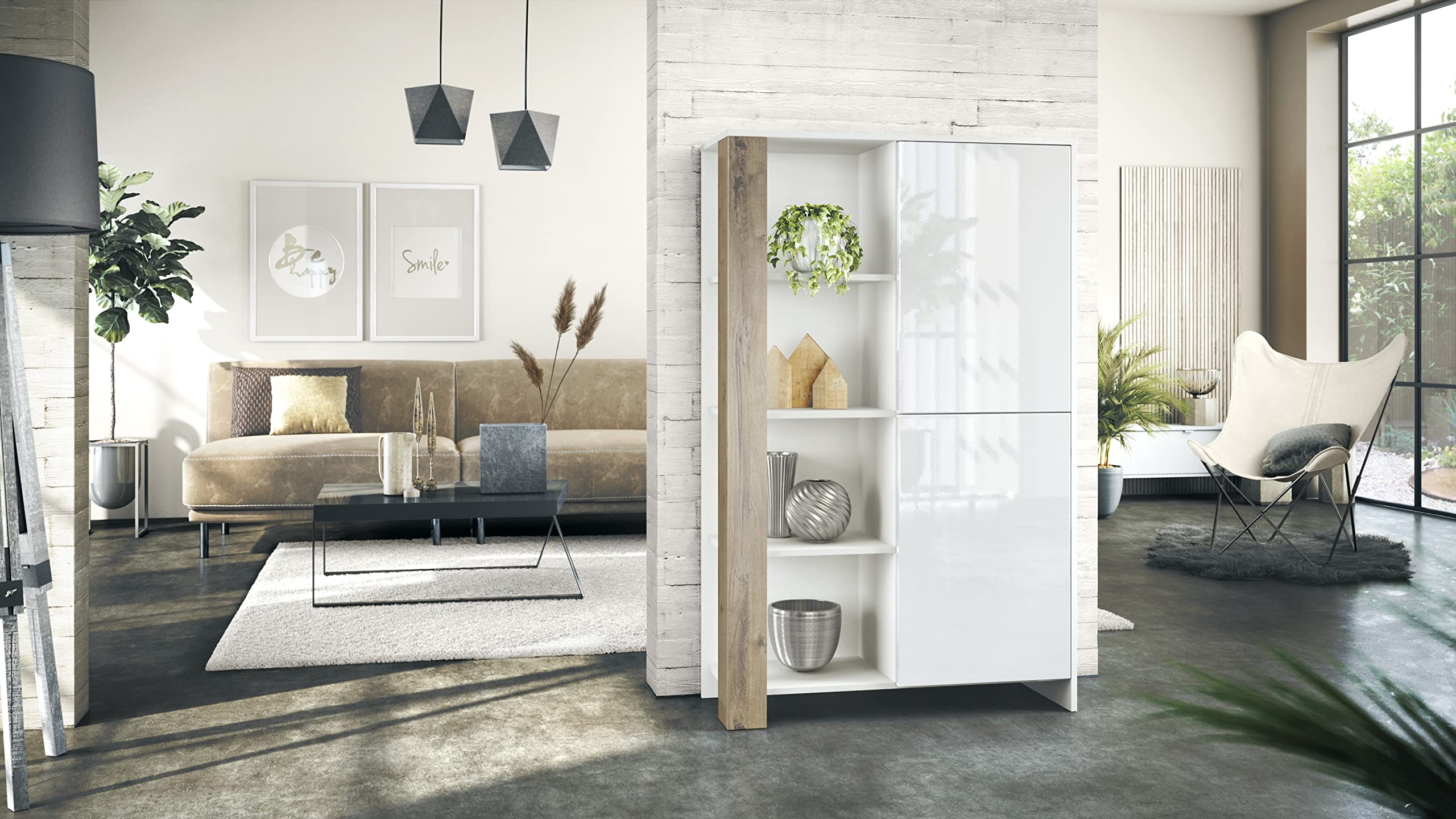 Vladon Highboard Canto, Made in Germany, hoher Schrank mit 2 Türen und 8 Fächern, Korpus Weiß matt, Fronten Weiß Hochglanz, Dekor-Paneele Eiche Ribbeck (95 x 151,5 x 36 cm)