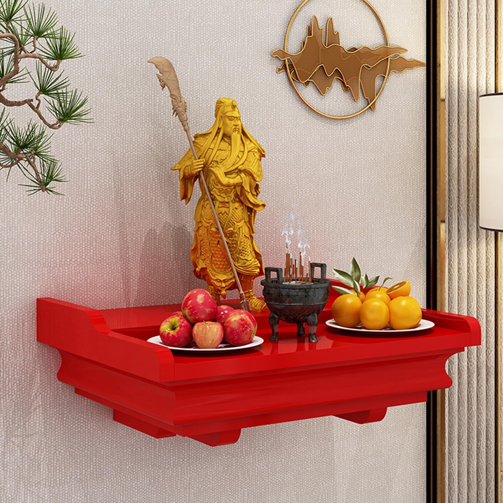 JNTFNE Wall mounted/desktop solid wood buddhist altar God Of Wealth Guanyin Cabinet Household Hanging Shrine Altar Table,Used to Place Photos, Souvenirs etc(Red,Large)