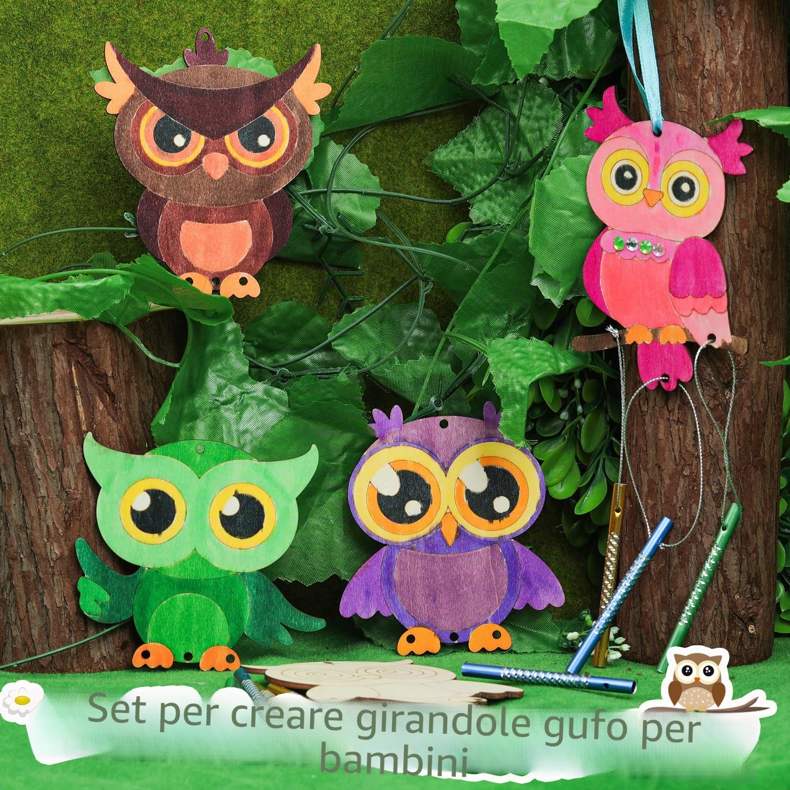 Set di 16 scacciapensieri per bambini, gufo in legno, per San Valentino, fai da te, in legno, per esterni, da appendere con diamanti adesivi, artigianato, regali di compleanno