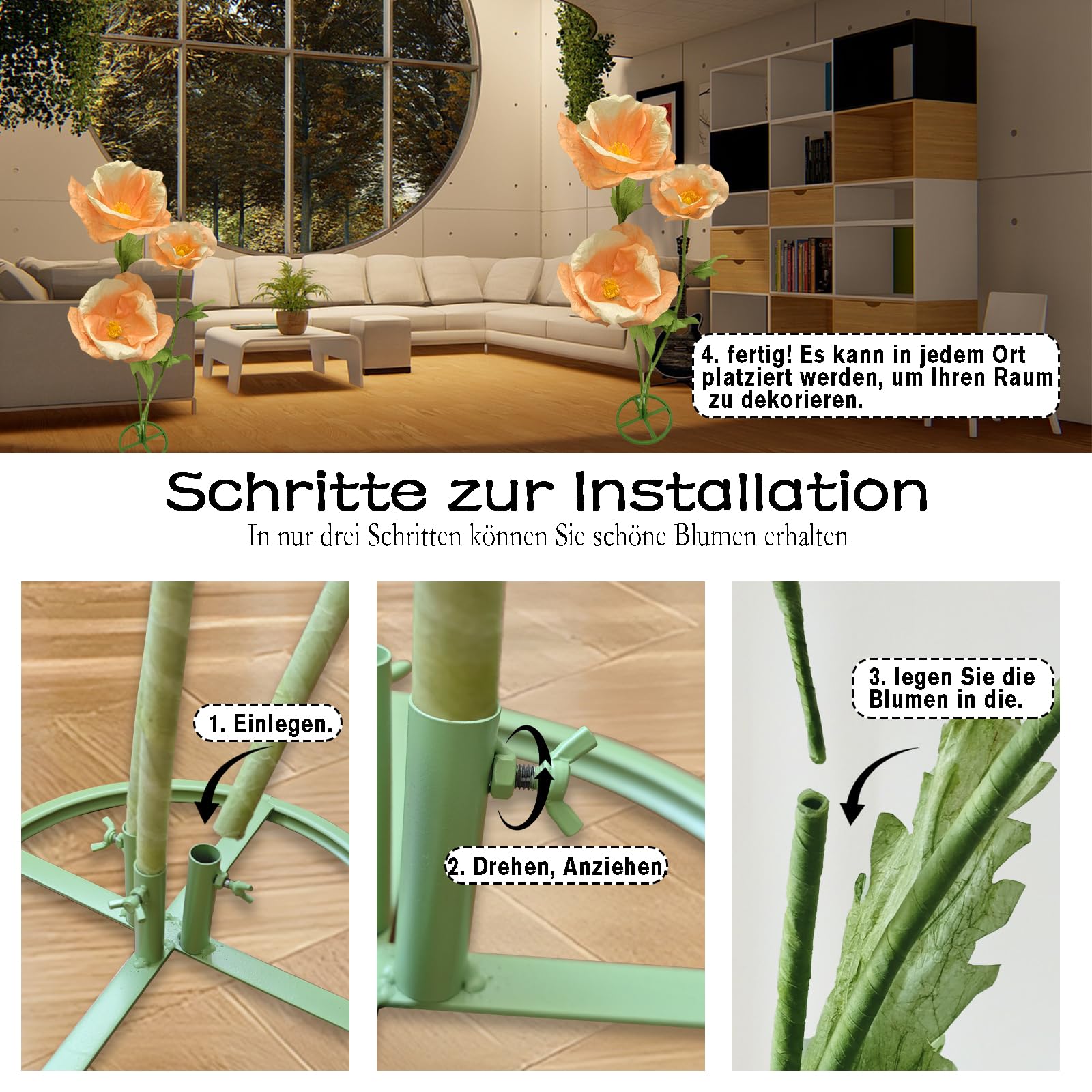 lifemet Champagner Gold Giant Flower 3 Stück künstliche Blumen Set 60-80 Zoll wasserdicht umweltfreundlich langlebig Nicht verblassen einfache Wartung 3D Blumenschmuck für Haus Hochzeit Party Garten