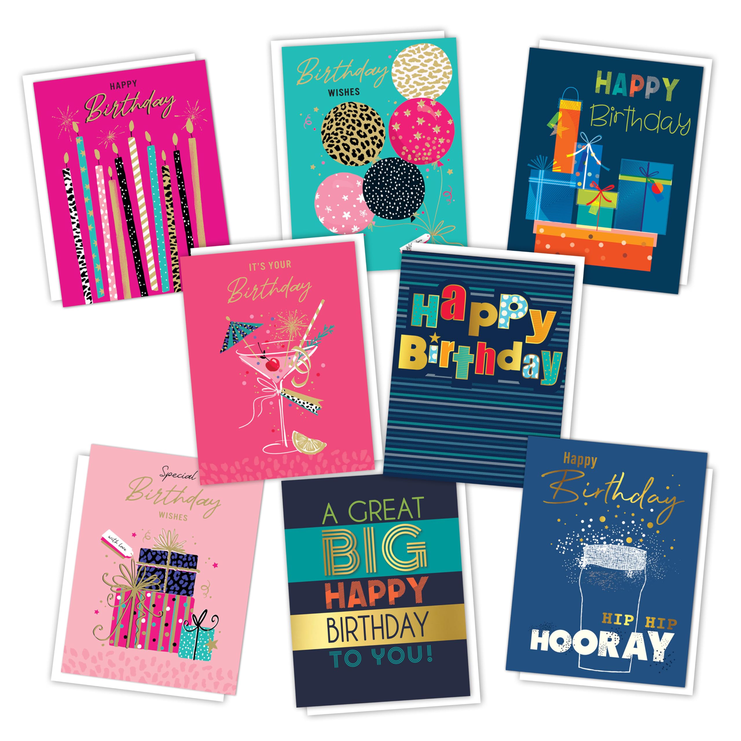 Piccadilly Greetings Bright Mixed Birthday Cards Multipack | Pack of 8 assorted Birthday Cards | 19 x 14.5 cm | Includes White Envelopes | Made in UK