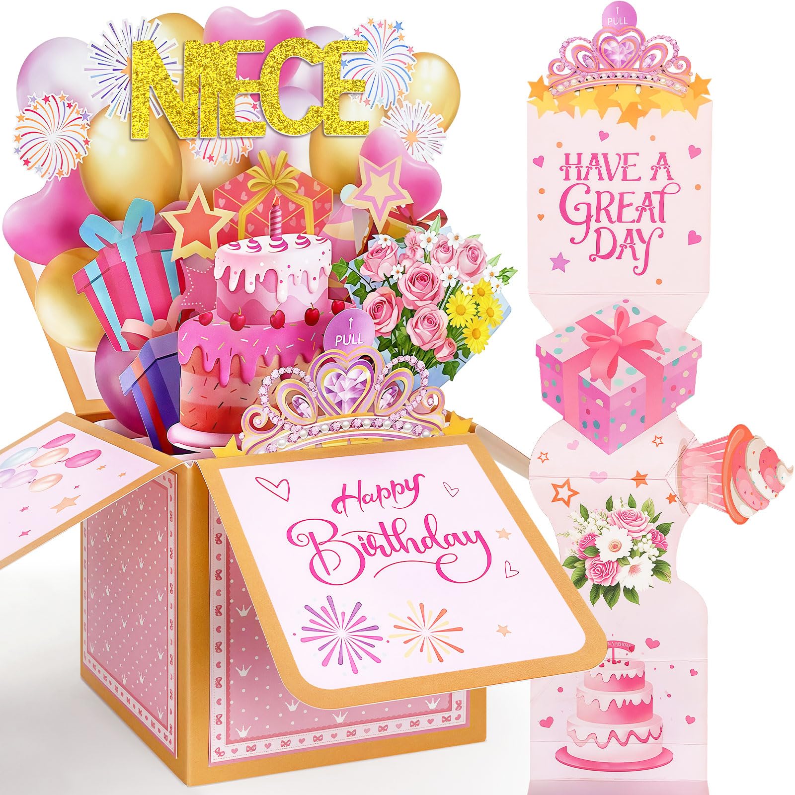 YianHien Niece Birthday Card, 3D Pop Up & Pull-Out Gift Box Design, Nice Birthday Card for Niece with Cake Bouquet & Crystal Tiara Decorations, Happy Birthday Niece Card Gifts from Auntie Uncle