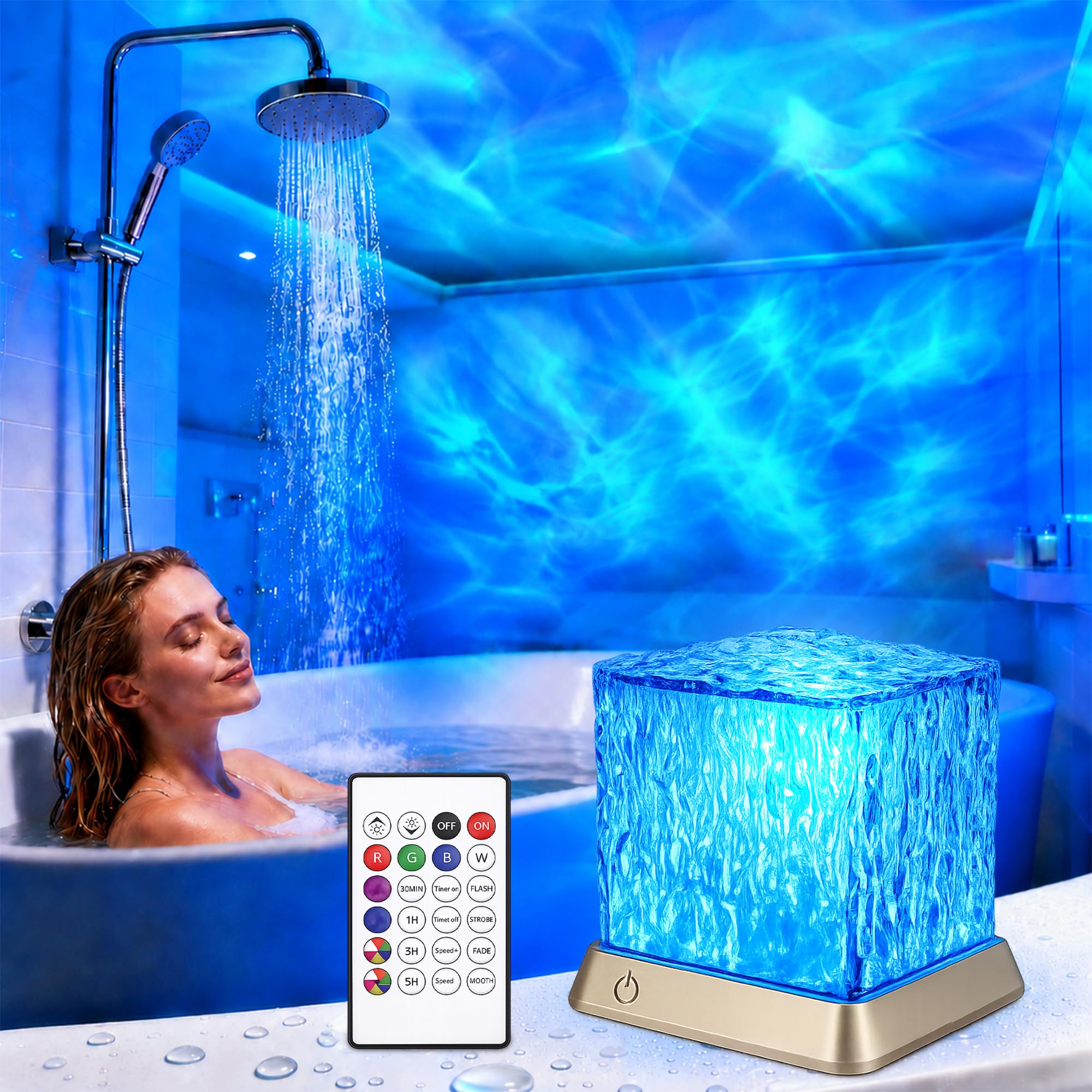 Waterproof Shower Lamp 16 Color Rechargeable Ocean Projector Light Cordless