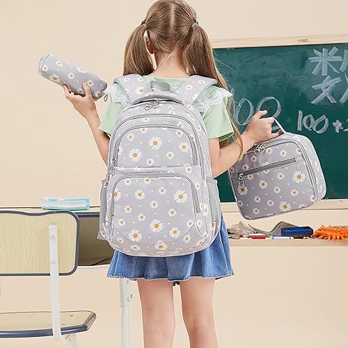 Vista 3 de Mochila para niñas y niños, mochila para la escuela primaria, bolsas para adolescentes y niñas con juego de lonchera (gris margarita)