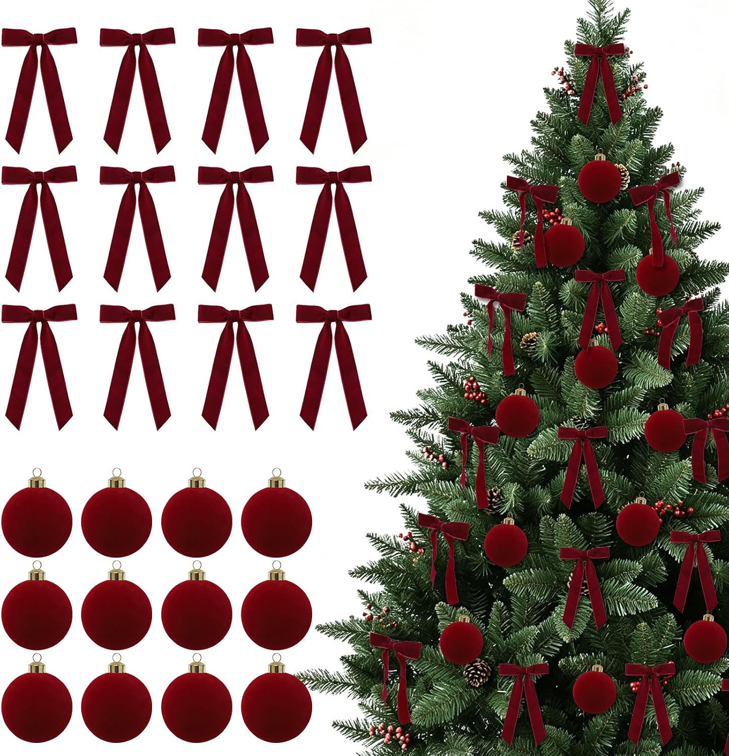 Burgundy Christmas Velvet Ornaments Balls Bows Decorations Set