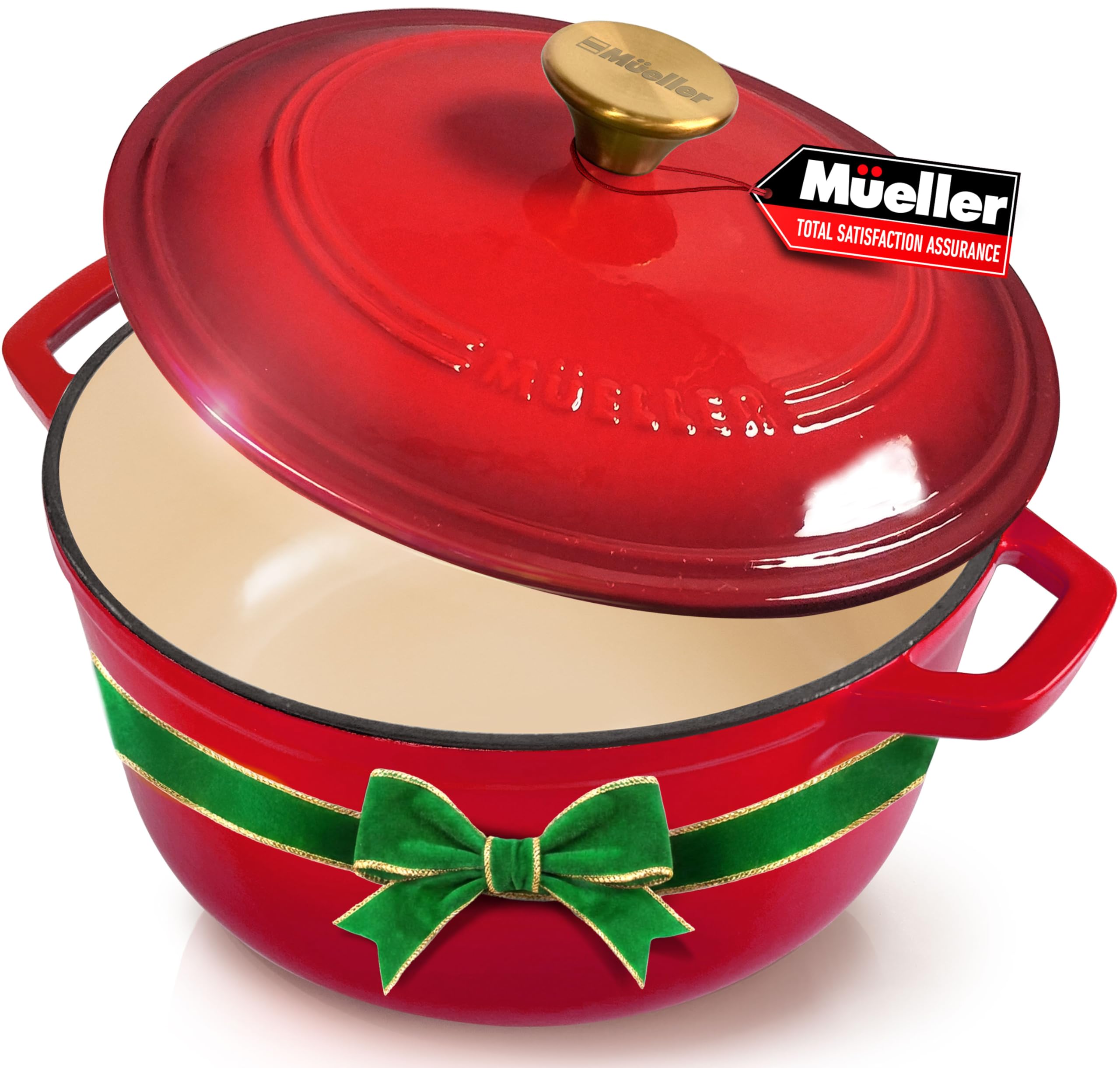 Mueller 6qt Enameled Cast Iron Dutch Oven, Heavy-Duty Casserole and Braiser Pan with Lid and Knob, Oven-Safe up to 500Â° F & Across All Cooktops, Red