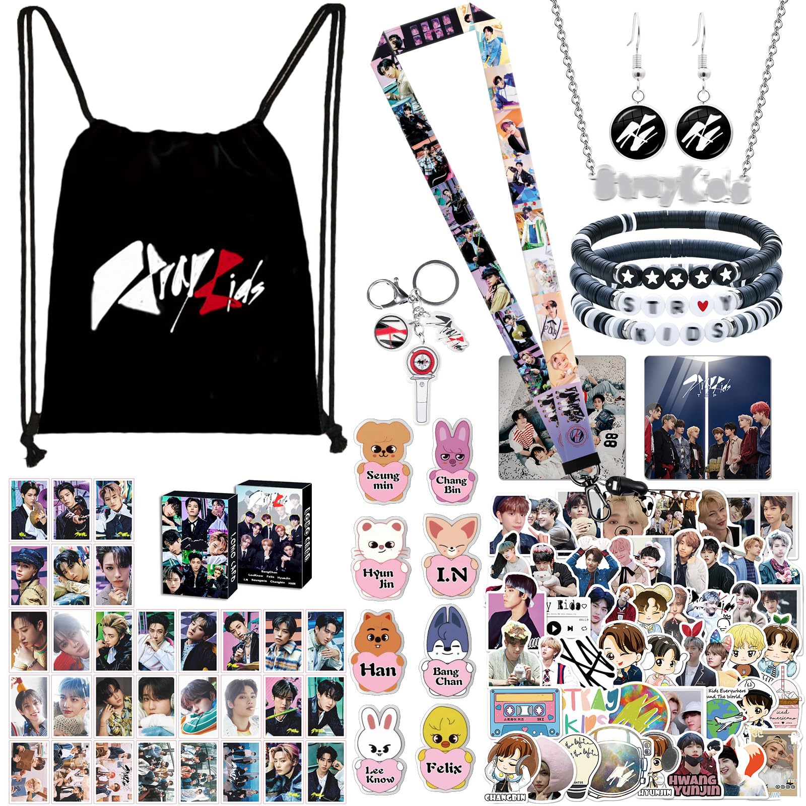 96 Pcs Strraykiid Set Regalo, SKZ Merch, con Strraykiid Photocard, Sacca Sportiva, Portachiavi e Stickers, Idea Regalo per Fans