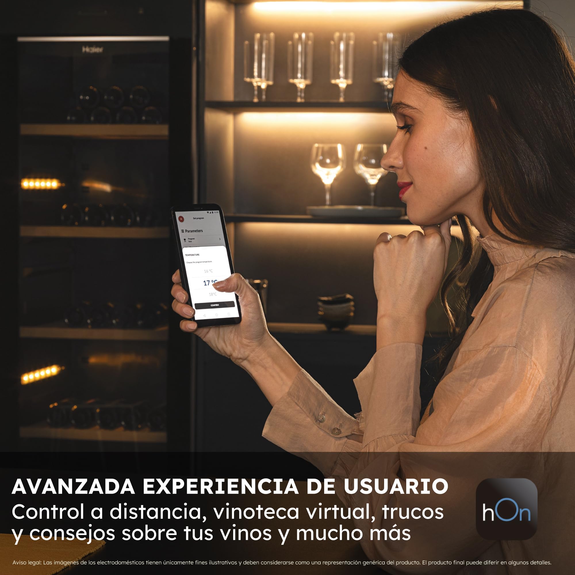 Haier Wine Bank 50 Series 7 HWS77GDAU1 Vinoteca de 77 botellas, WIFI, 2 Zonas, Estantes de madera, Filtro Anti-UV, Filtro de carbón, Refrigeración por Compresor, Display Digital, LED, 37 dbA, Negra