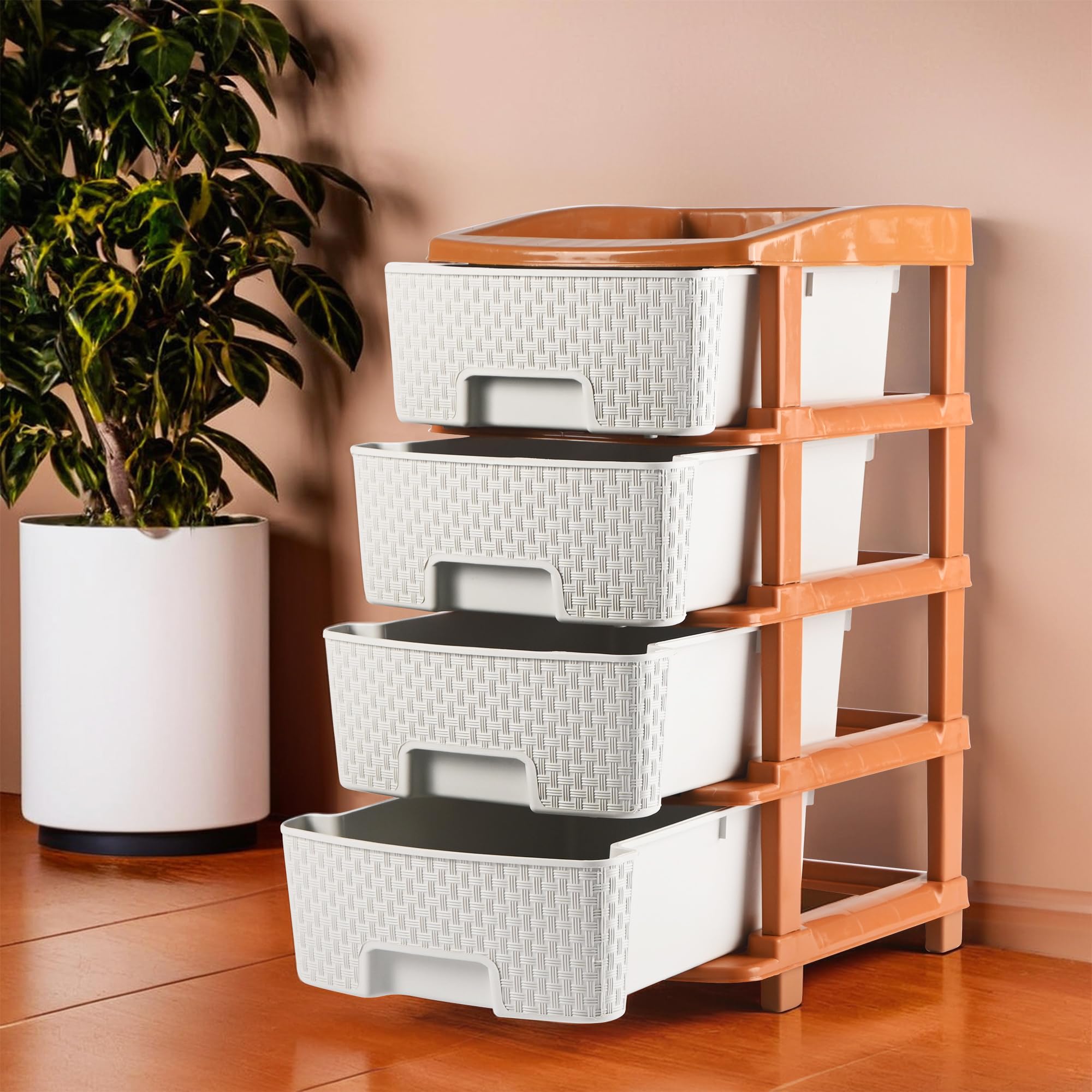 Kuber Industries 4-Tier Collapsible Multipurpose Plastic Drawers Storage Organizer | Durable Cabinets/Storage Rack for Kitchen | Kids Toy Box & Shelf for Home/Office | Brown & White