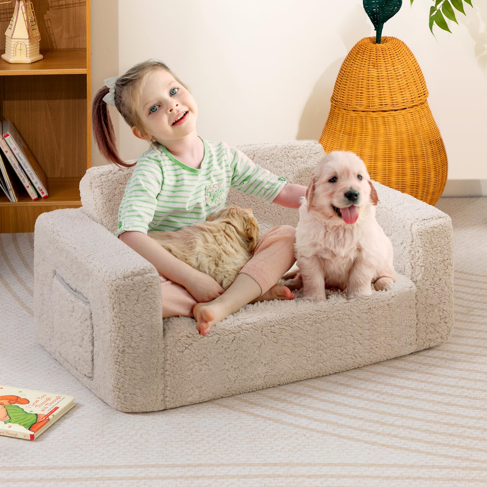 BEJOY Canapé-lit extra large 2 en 1 en Sherpa doux pliable pour tout-petits, lit convertible en chaise longue pour filles et garçons, gris clair