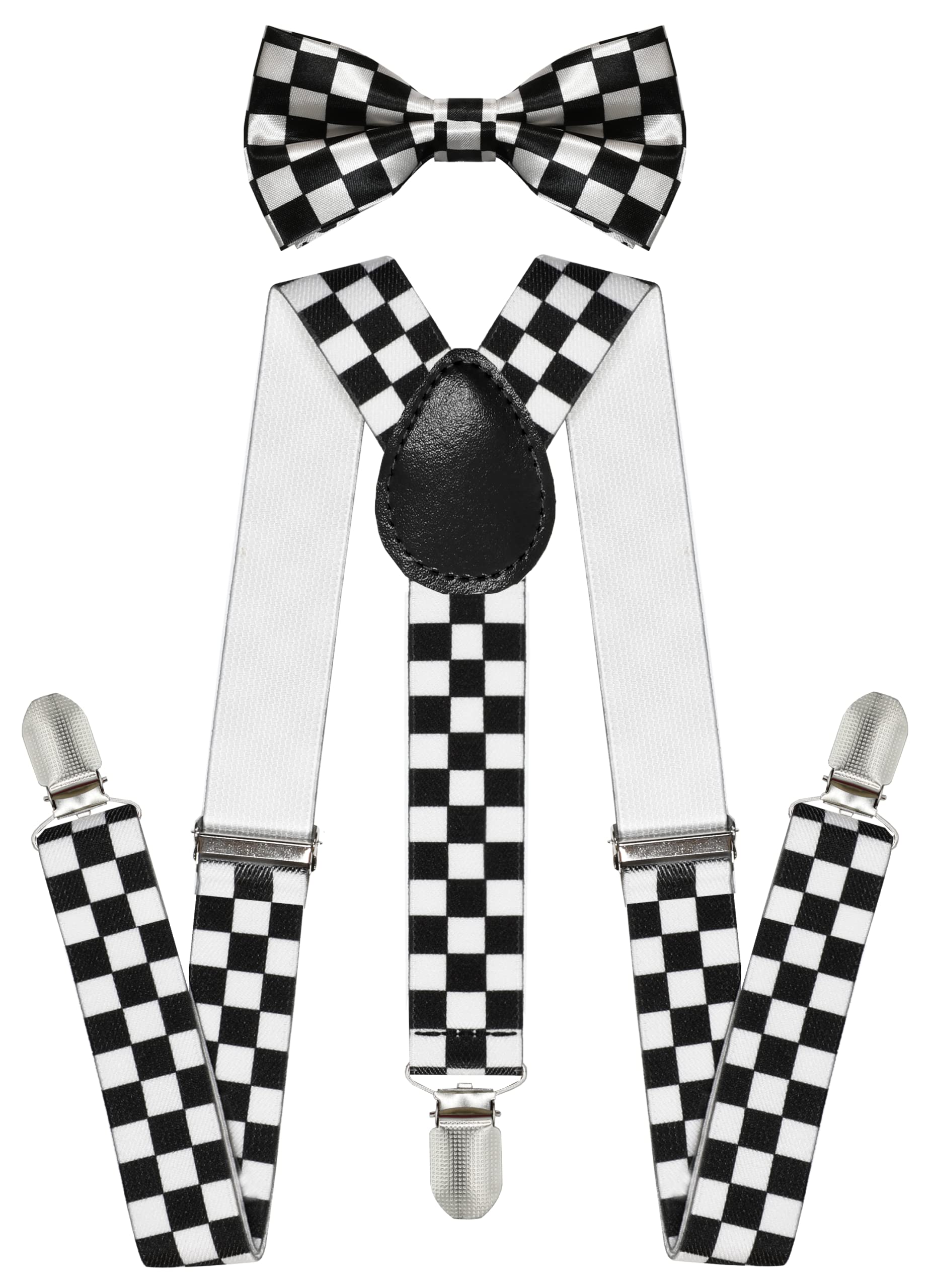 trilece Child Kids Boys Girls Suspenders Bow Tie Set Adjustable Y Back Toddler Baby Infant Suspender Bowtie, Checkered (White-black), 5 Months to 6 Years