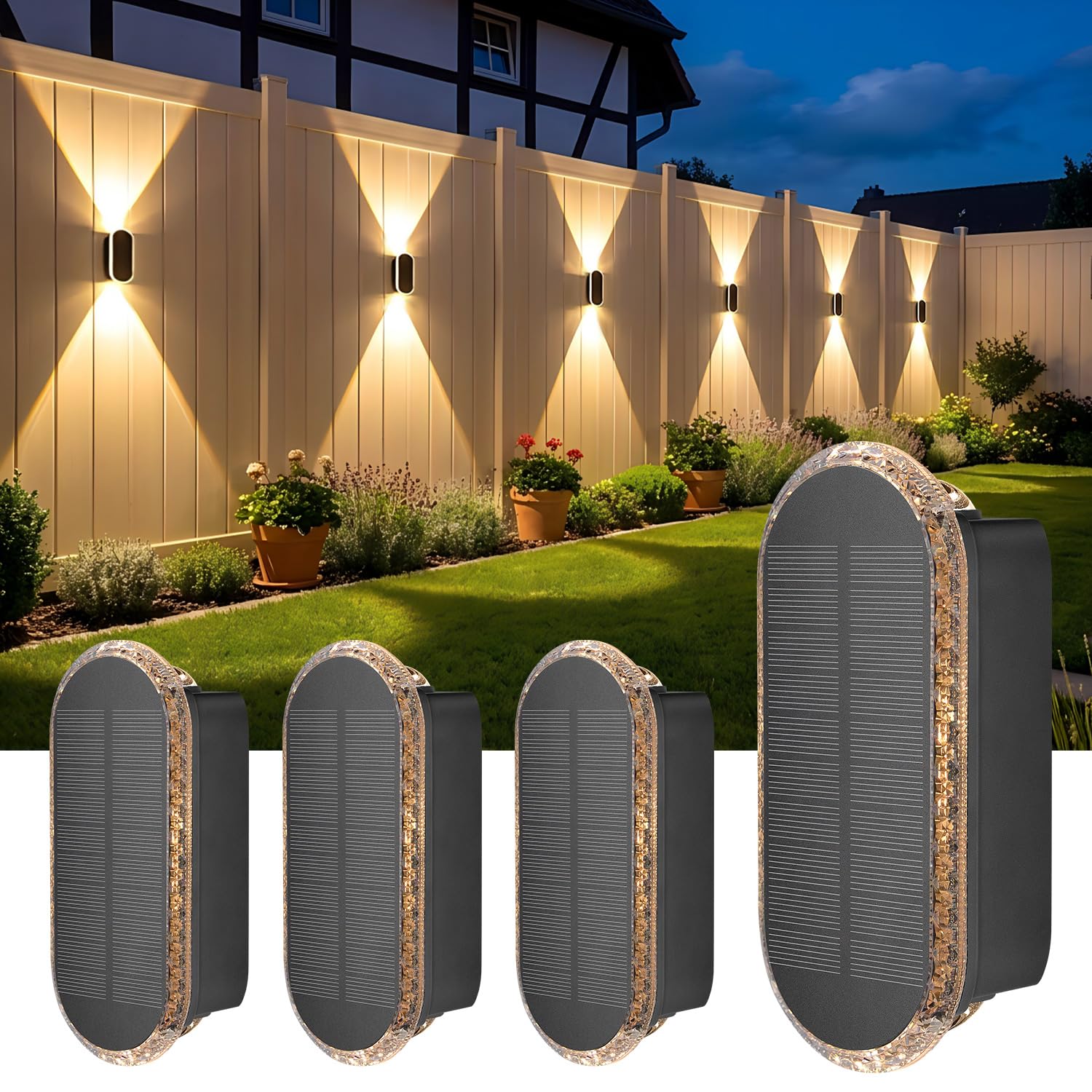 ELLASAY Aplique Solar Pared Exterior,Lámparas Solares Exteriores Arriba y Abajo IP65 Impermeable,3 Colores Brillantes Luces Solares Exterior Jardín Inalámbricas Para Patio Cubierta Valla 4 Pack
