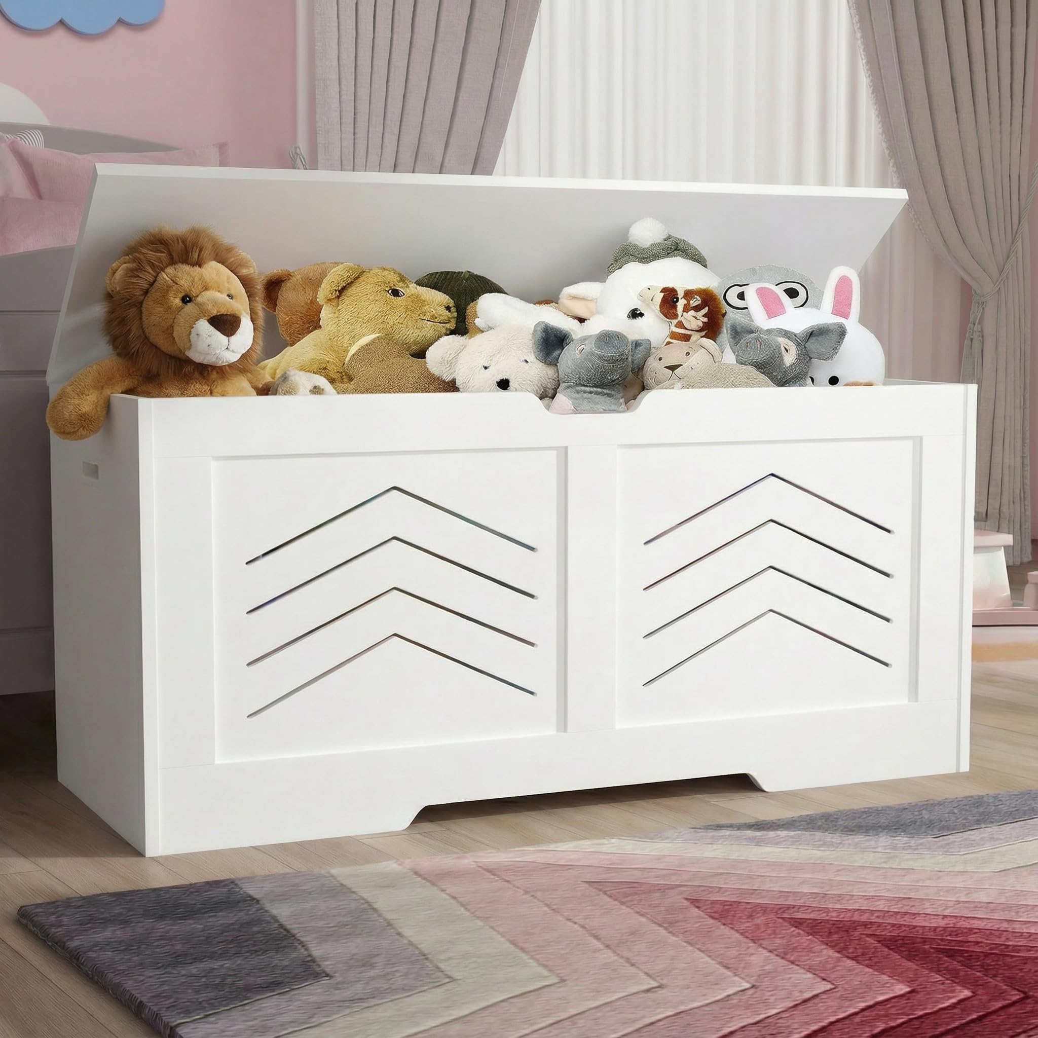 Blisswood Boys White Toy Box, Wooden Storage Chest, Large Blanket Box With Lid & Safety Hinges, Storage Bench & Toy Storage Organizer For Kids, & Girls, Baby Toybox For Bedroom, Playroom (White)