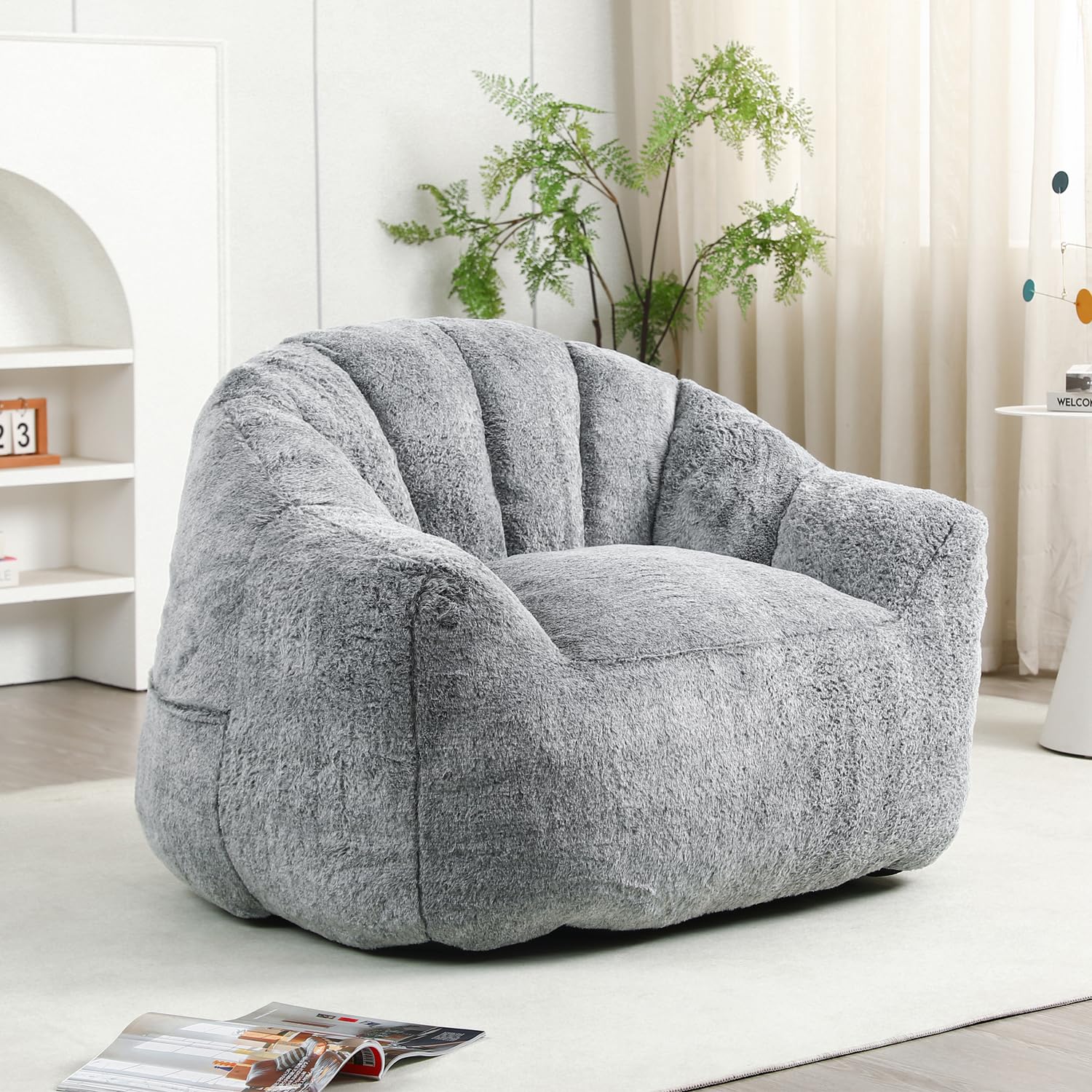 Bean Bag Chair with Arms for Adults - Furry Lazy Sofa, Armrests Stuffed High-Density Foam Filler Chair, Small Cozy Reading in Bedroom Living Room and Dorms (Dark Gray)