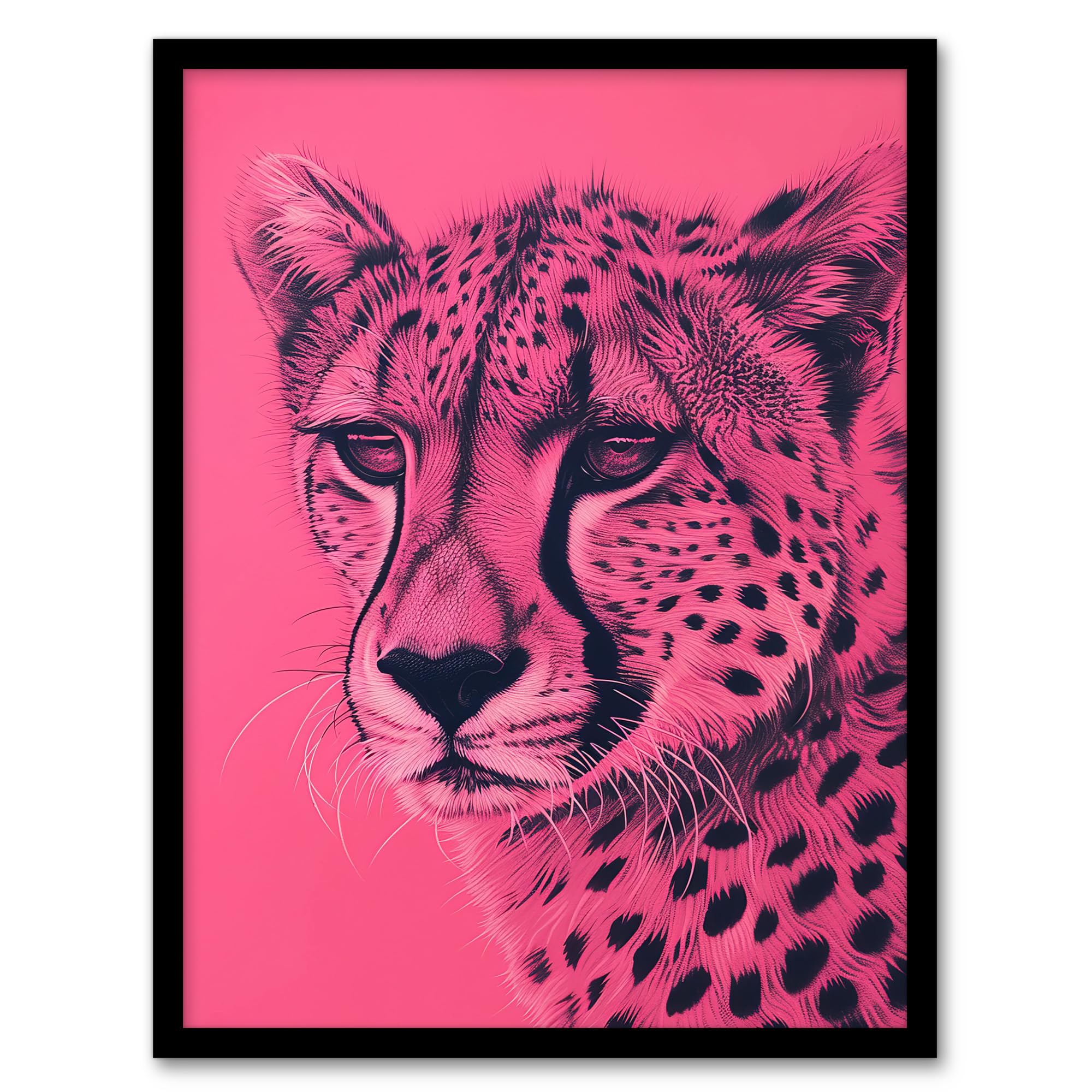 Cheetah Hot Pink Pencil Art Portrait Framed Art Print - Artery8 - A4 Size