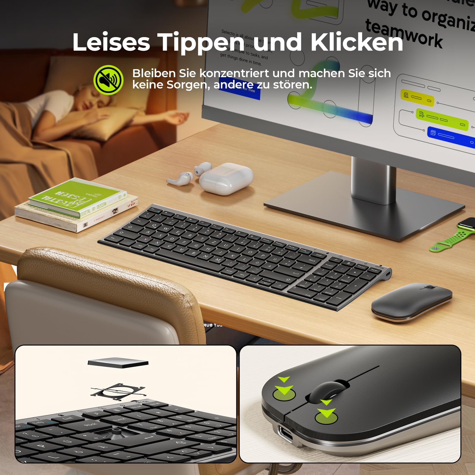 seenda WGJP-031B Ensemble clavier souris sans fil rechargeable en aluminium avec clavier sans fil compact et ultra fin avec souris pour PC/ordinateur portable/Smart TV, disposition QWERTZ (gris)