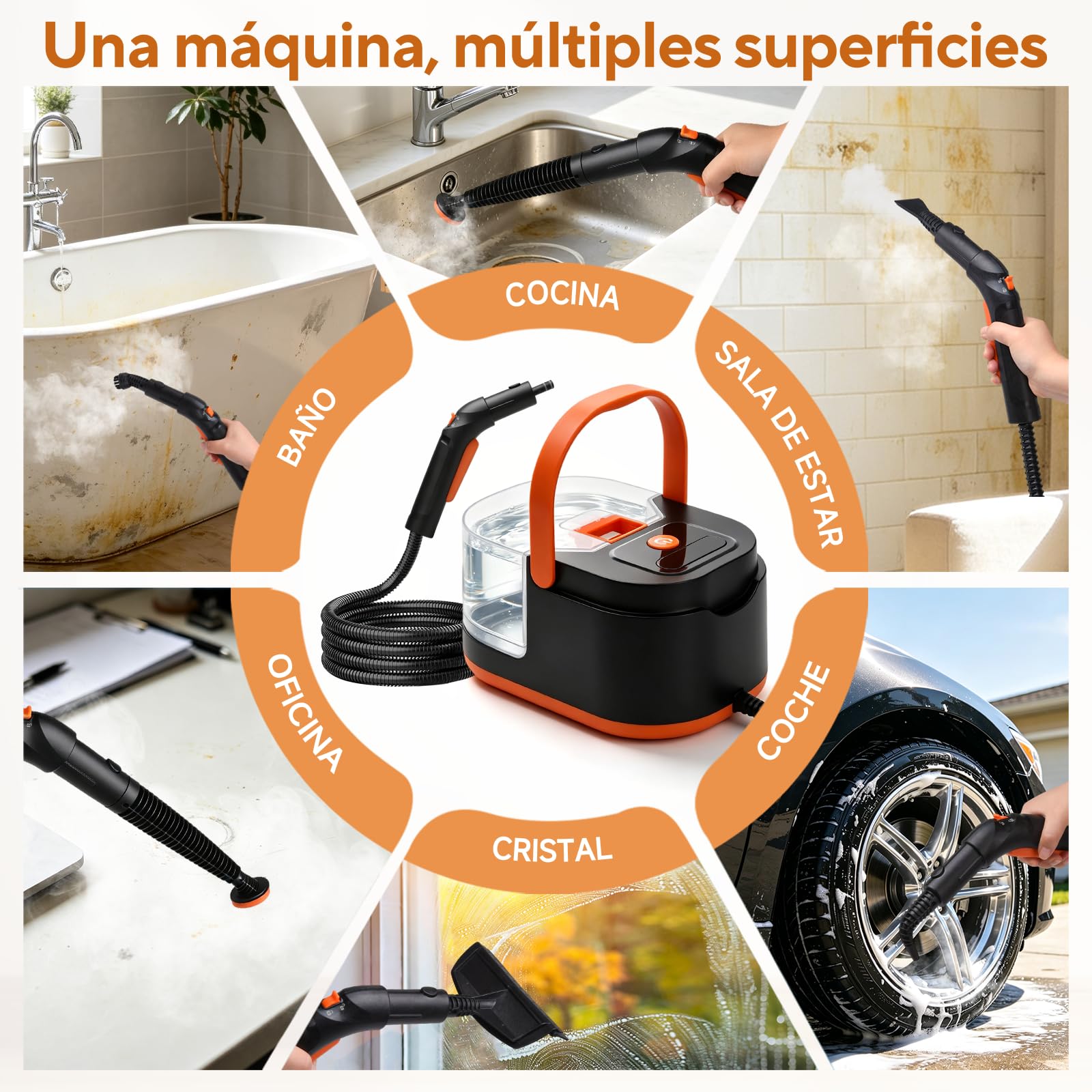 Vaporeta Limpieza Hogar 105°C Alta Presión con Depósito Extraíble 1,5L | Calentamiento en 30s, 3 niveles de vapor y depósito extraíble de 1,5 L para limpiar cocina, baño, coche y tapicerías.