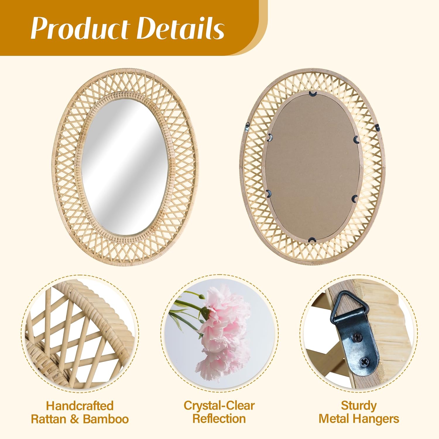 Oval Rattan Wall Mirror – 24x32 Inch Boho Elegance with Woven Frame, Decorative Mirror for Bathroom Vanity Entryway Living Room