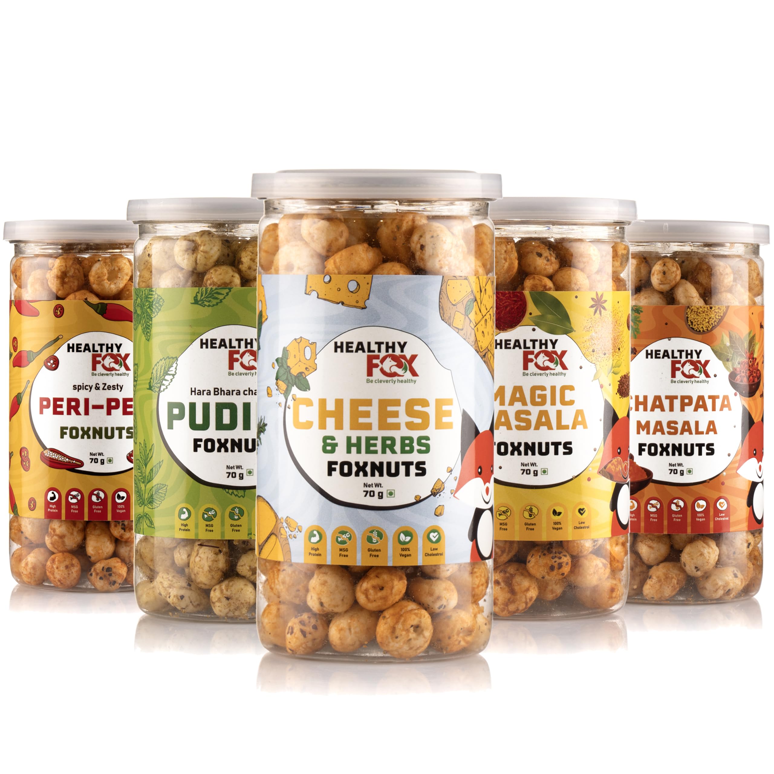 Healthy Fox Roasted Makhana, Flavoured Snack Items Combo(Cheese+Magic+Chat+Peri Peri+Pudina)for Kids & Adults, Protein & Fibre Fox Nuts, Low-Calorie Gluten-Free Phool Makhana, No Preservatives (70g Each) (B0CQK97JXQ) Amazon Price History, Amazon Price Tracker