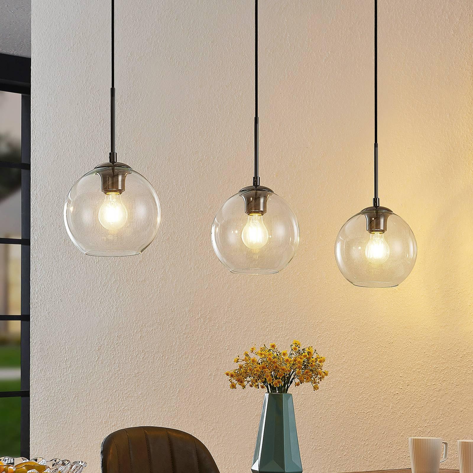 Lindby Lampadario a Sospensione 3 Sfere in Vetro 110 cm, Lampada Pendente Antracite Industrial Vintage 3x E27 Cucina Sala da Pranzo Soggiorno
