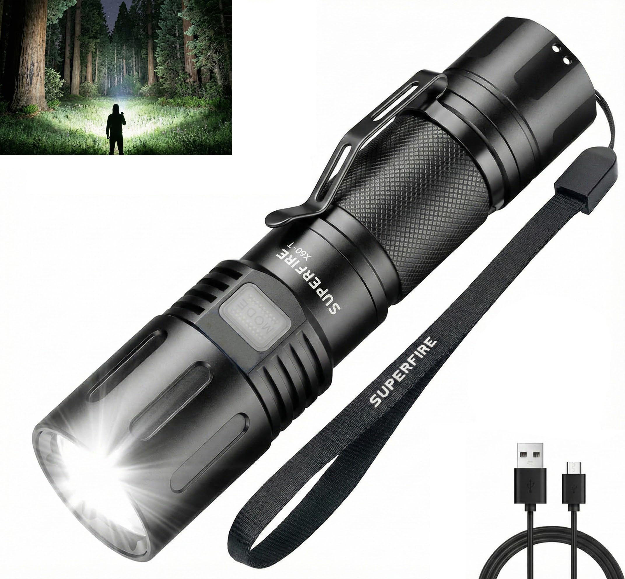 SuperFire Tactical Flashlight Rechargeable, 3000 Lumens Powerful
