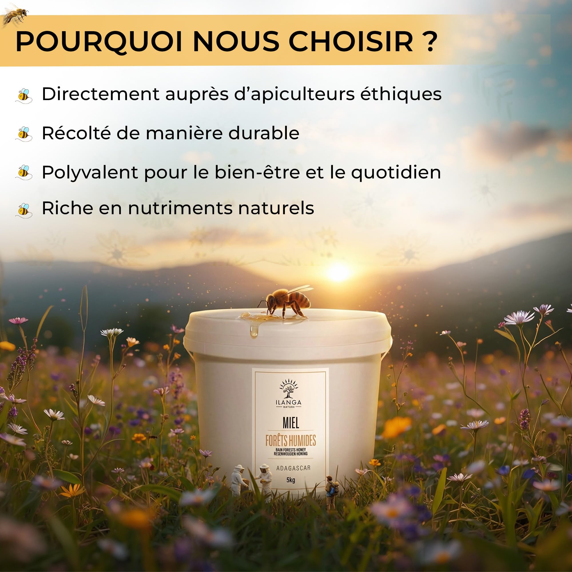 Ilanga Nature Miel de Forêt de Madagascar 5 kg, Miel Brut Naturel Pur à 100%, Récolté Directement auprès d'Apiculteurs Locaux, Origine Traçable, Saveur Florale Tropicale Intense, Sans Additifs ni