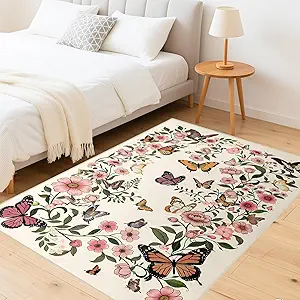 Floral Butterfly Rug 3'×5' - Washable Rug for Living Room Boho Beige Floral Carpet for Dining Room Door Mat Indoor Entrance 3'×5' Rugs Butterfly Mats
