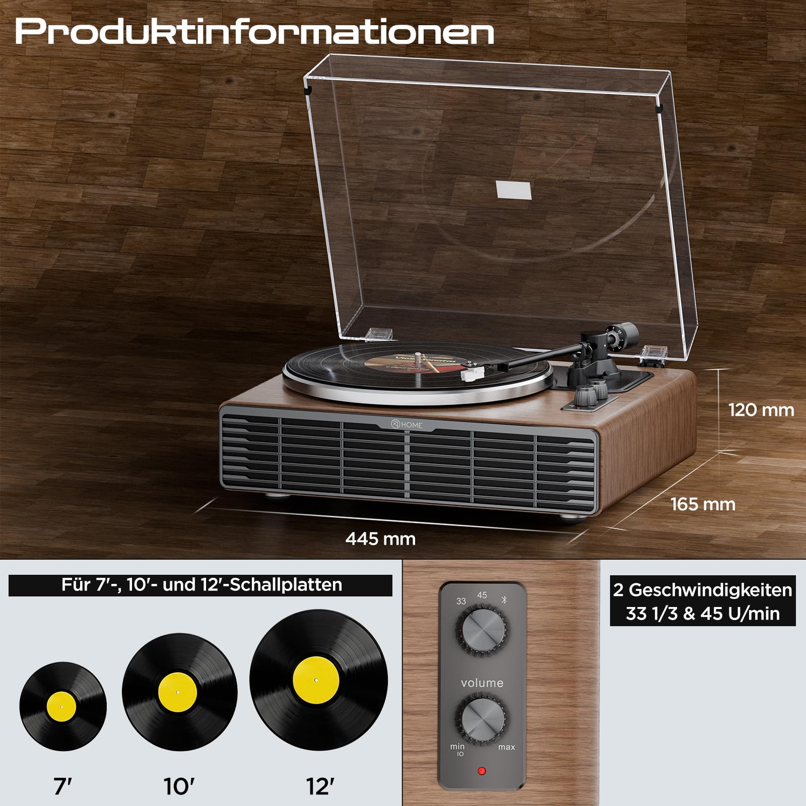 Platine Vinyle Tourne Disque Vinyle Bluetooth, Platines HiFi avec Haut-parleurs Intégrés, Préampli Phono, Cellule AT-3600L, 2 Vitesses 33/45 RPM, Tourne Disque Lecteur Vintage Turntable (Noyer)